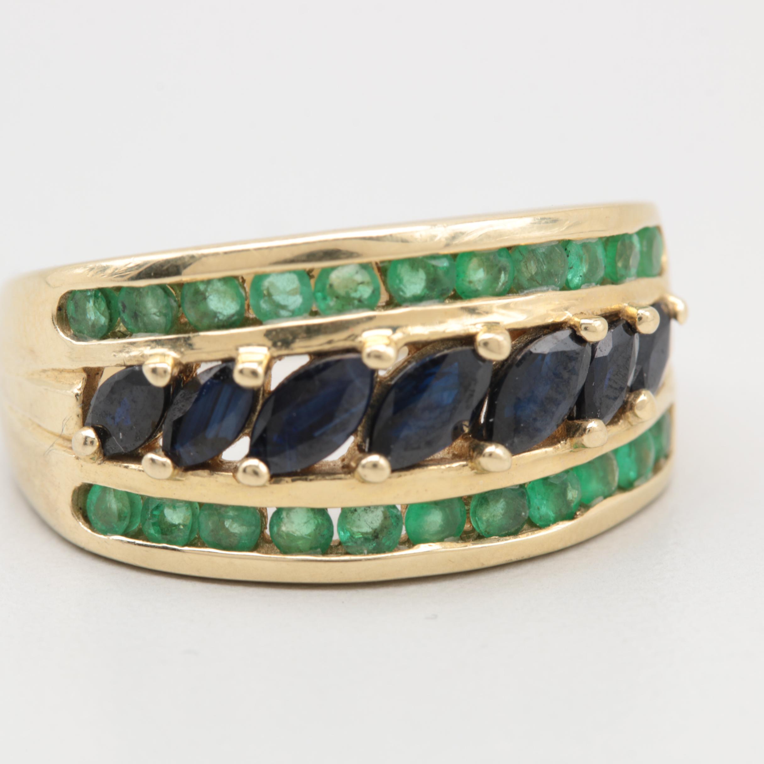 14K Yellow Gold Blue Sapphire and Emerald Ring