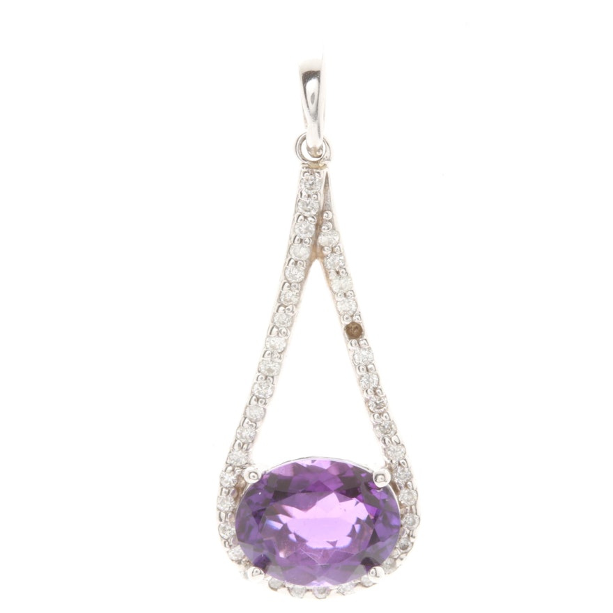 14K White Gold Amethyst and Diamond Pendant