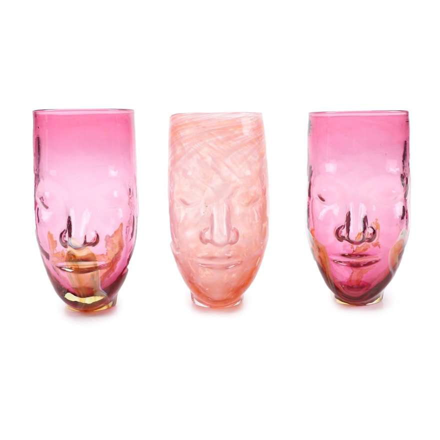 Signed Barry Bredmeier Hand-Blown Art Glass Face Vases