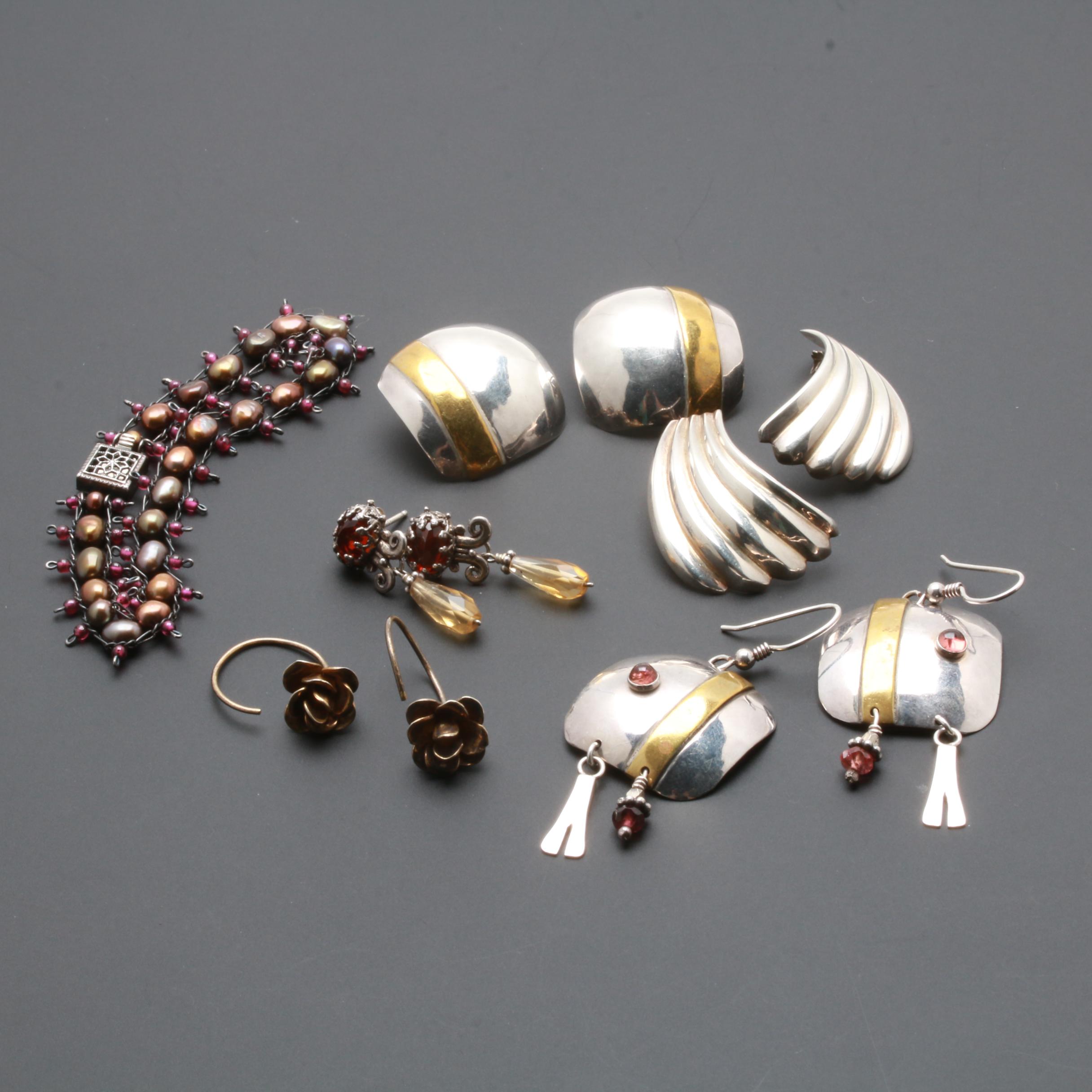 Sterling Silver Bracelet and Earring Selection With Pearl, Garnet and Citrine