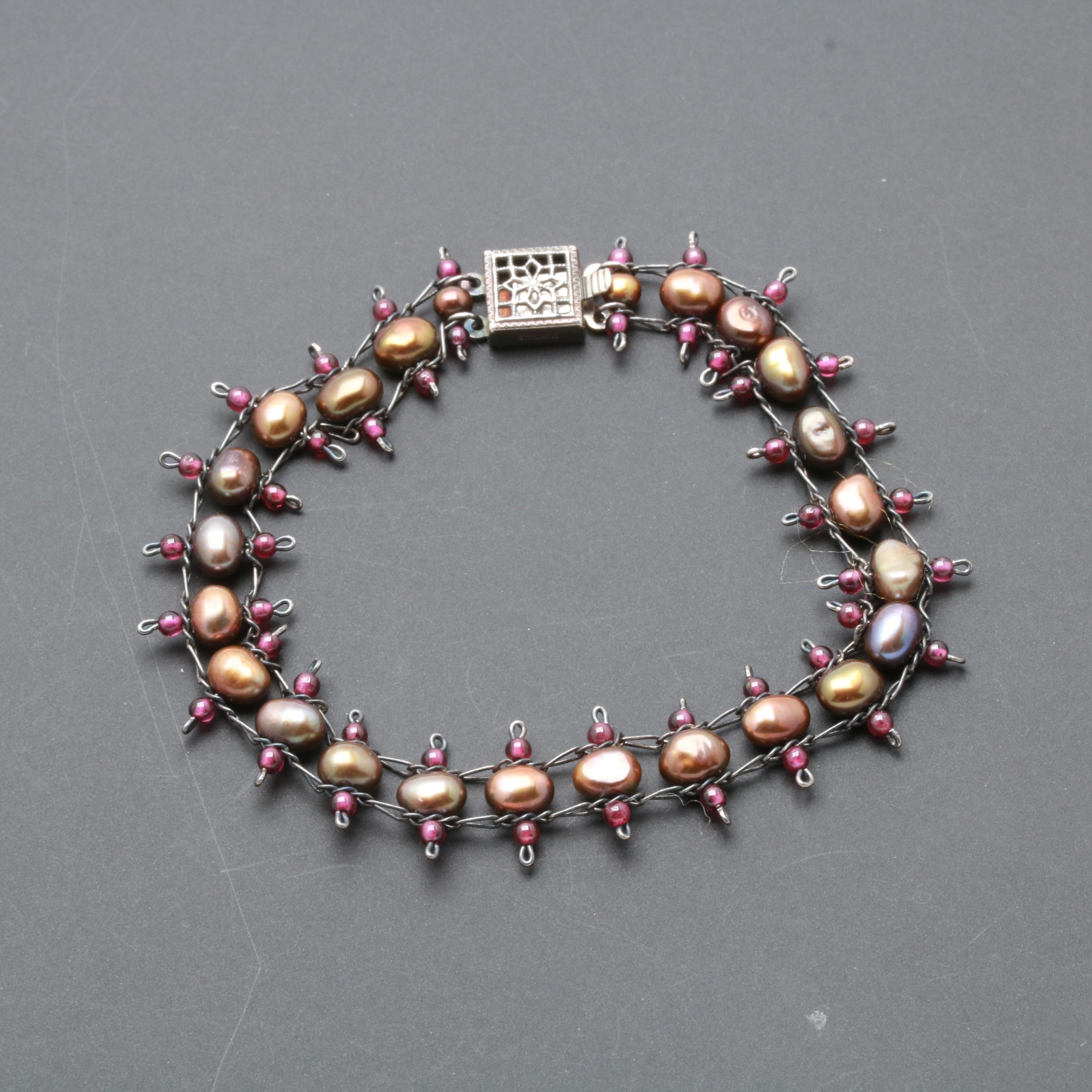 Sterling Silver Bracelet and Earring Selection With Pearl, Garnet and Citrine