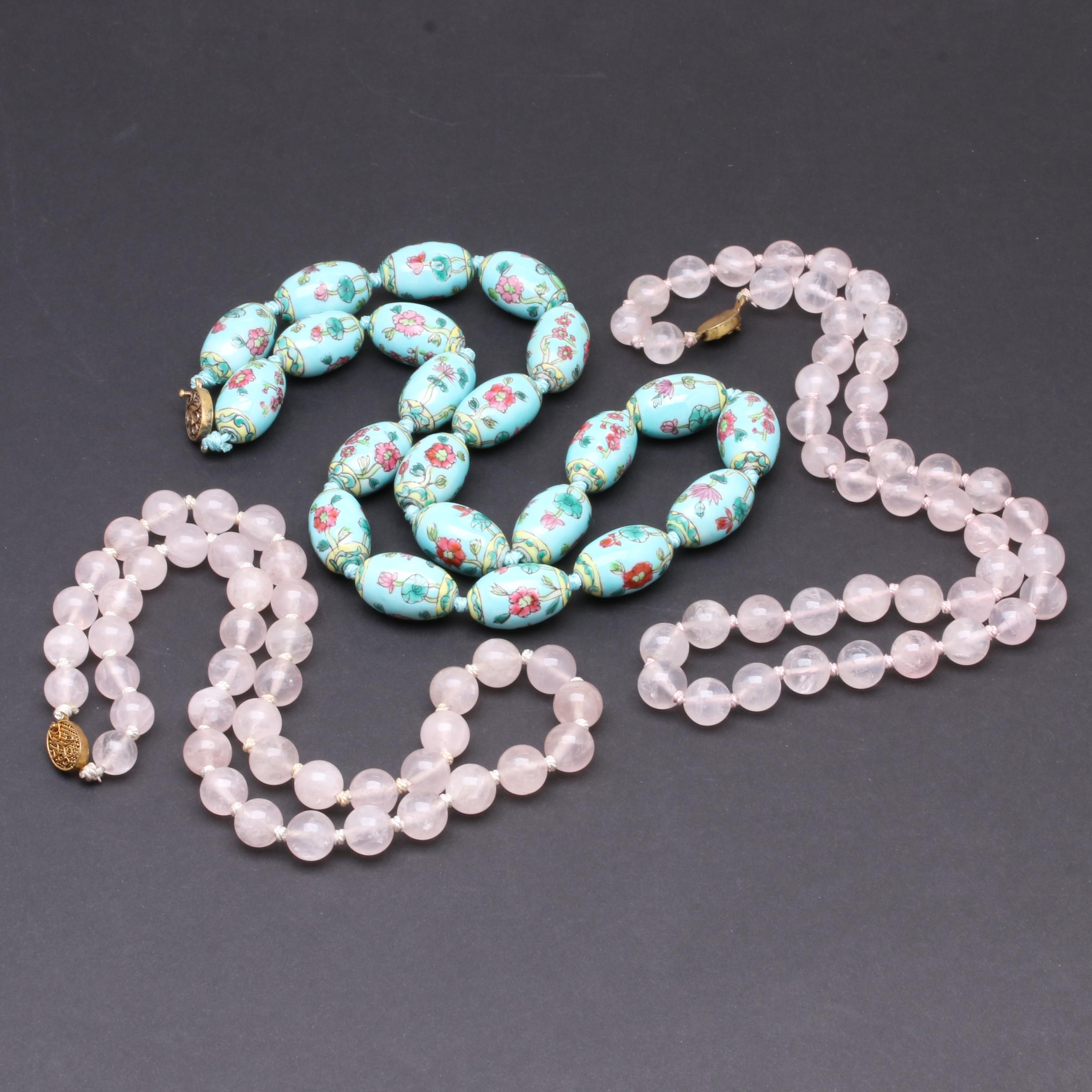 Gold Tone Beaded Necklaces Featuring Rose Quartz and Ceramic