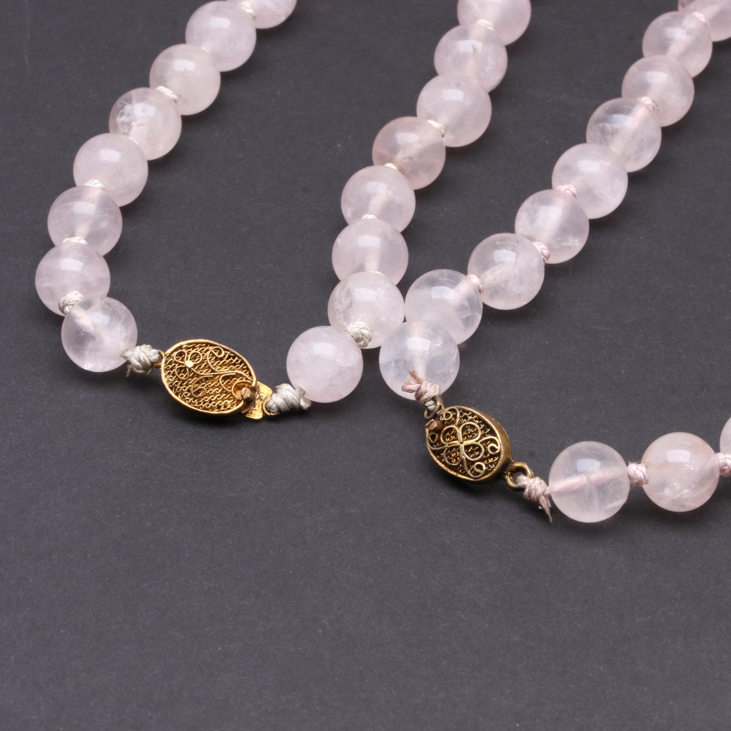Gold Tone Beaded Necklaces Featuring Rose Quartz and Ceramic