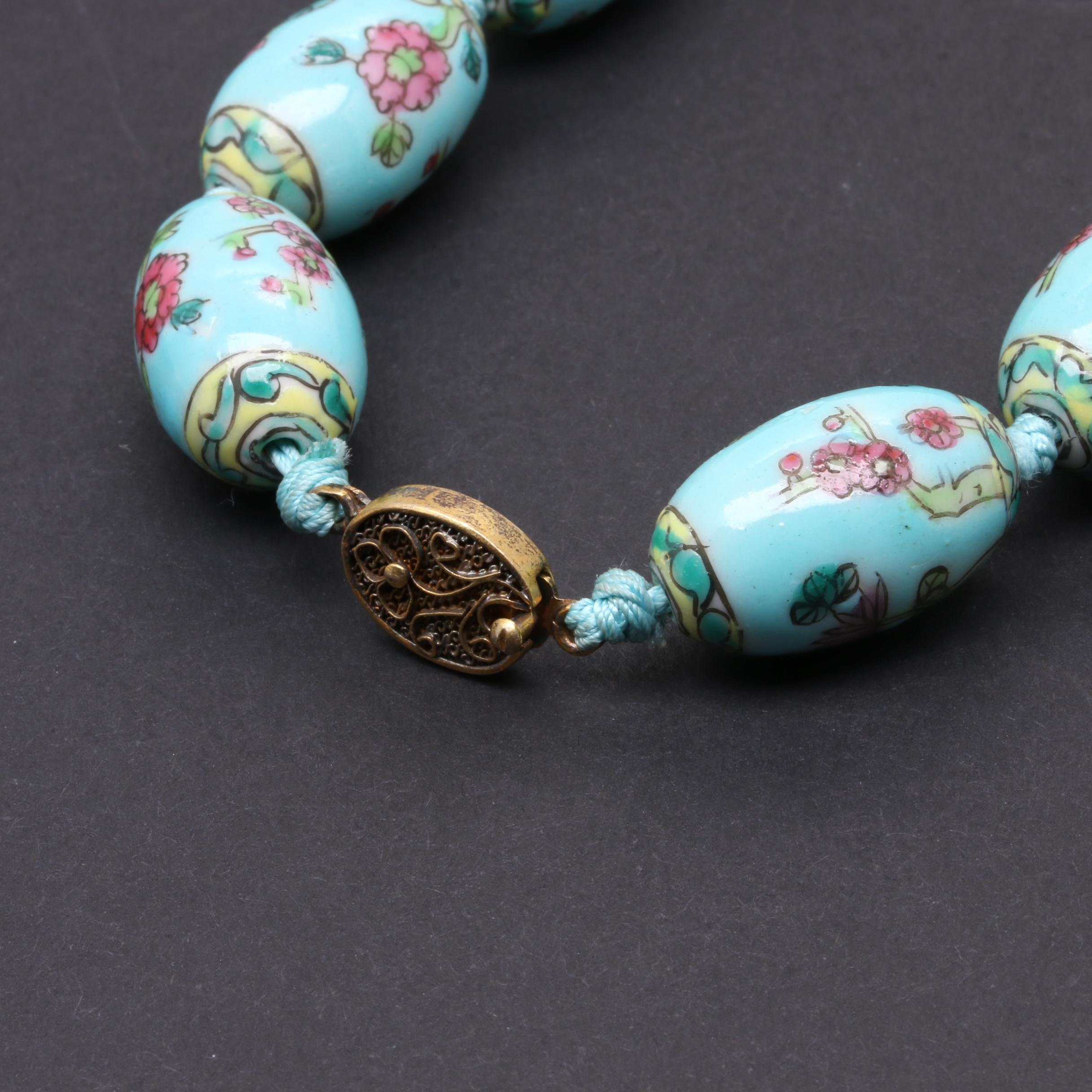 Gold Tone Beaded Necklaces Featuring Rose Quartz and Ceramic