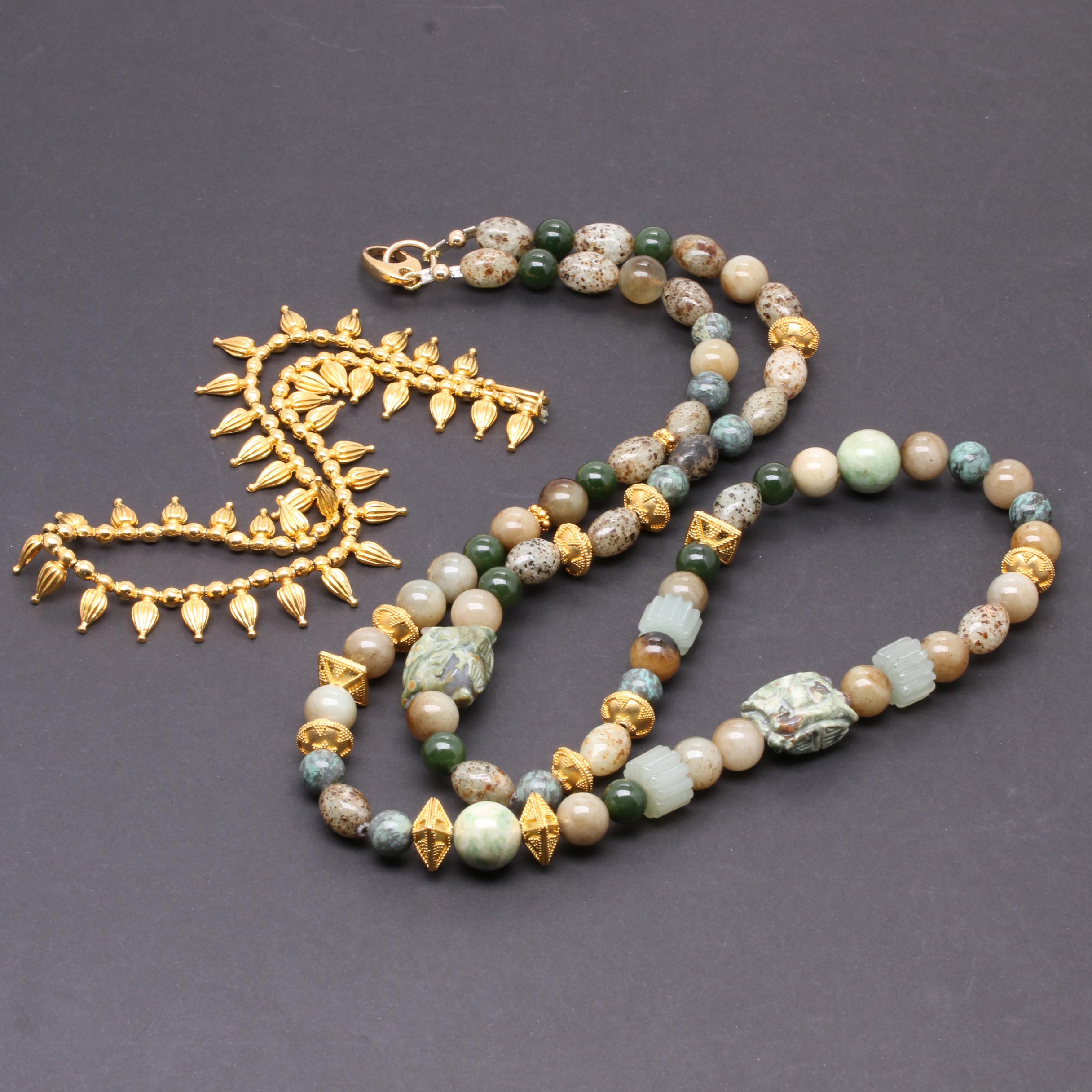 Gold Tone Necklace Selection Including Jasper, Nephrite, and Serpentine