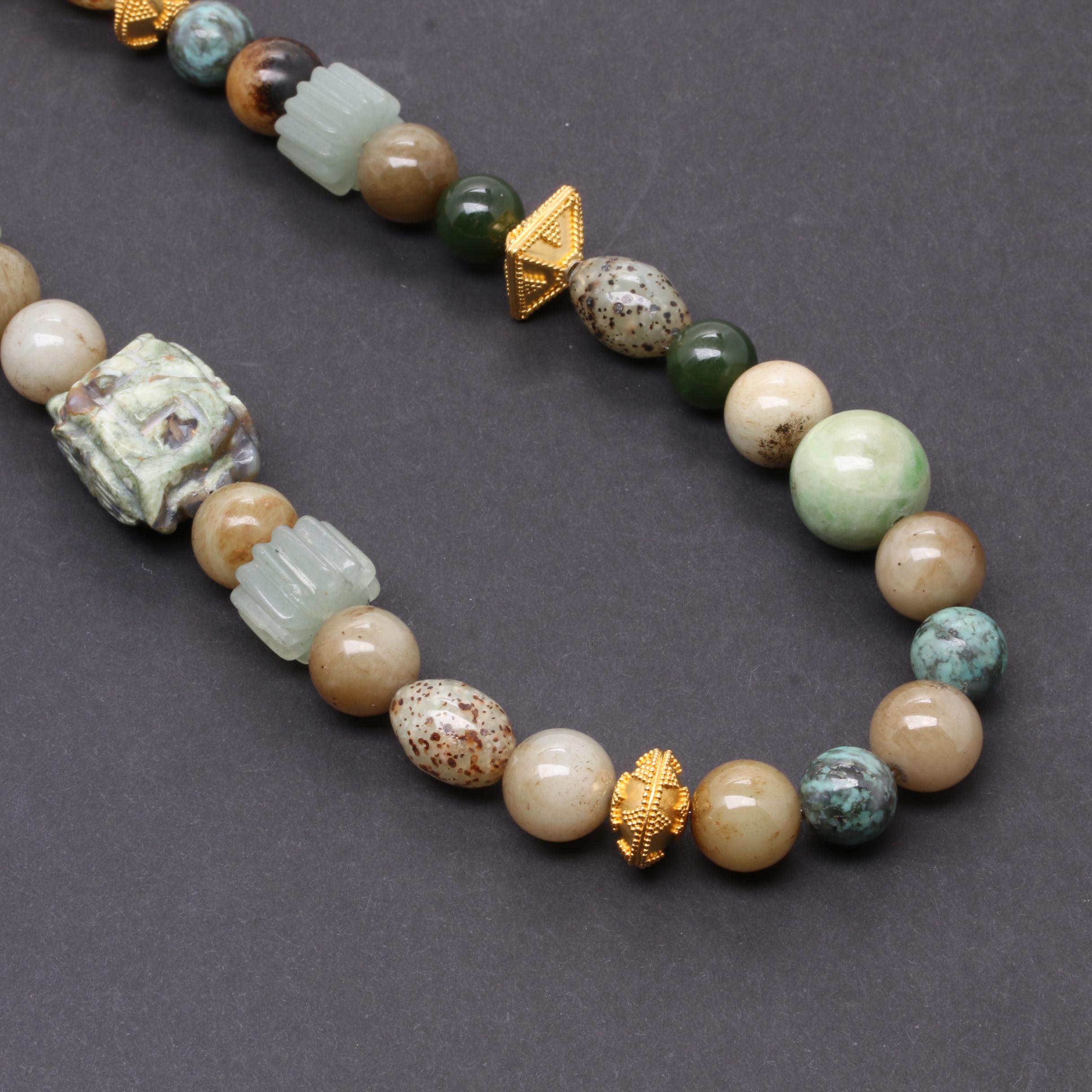 Gold Tone Necklace Selection Including Jasper, Nephrite, and Serpentine