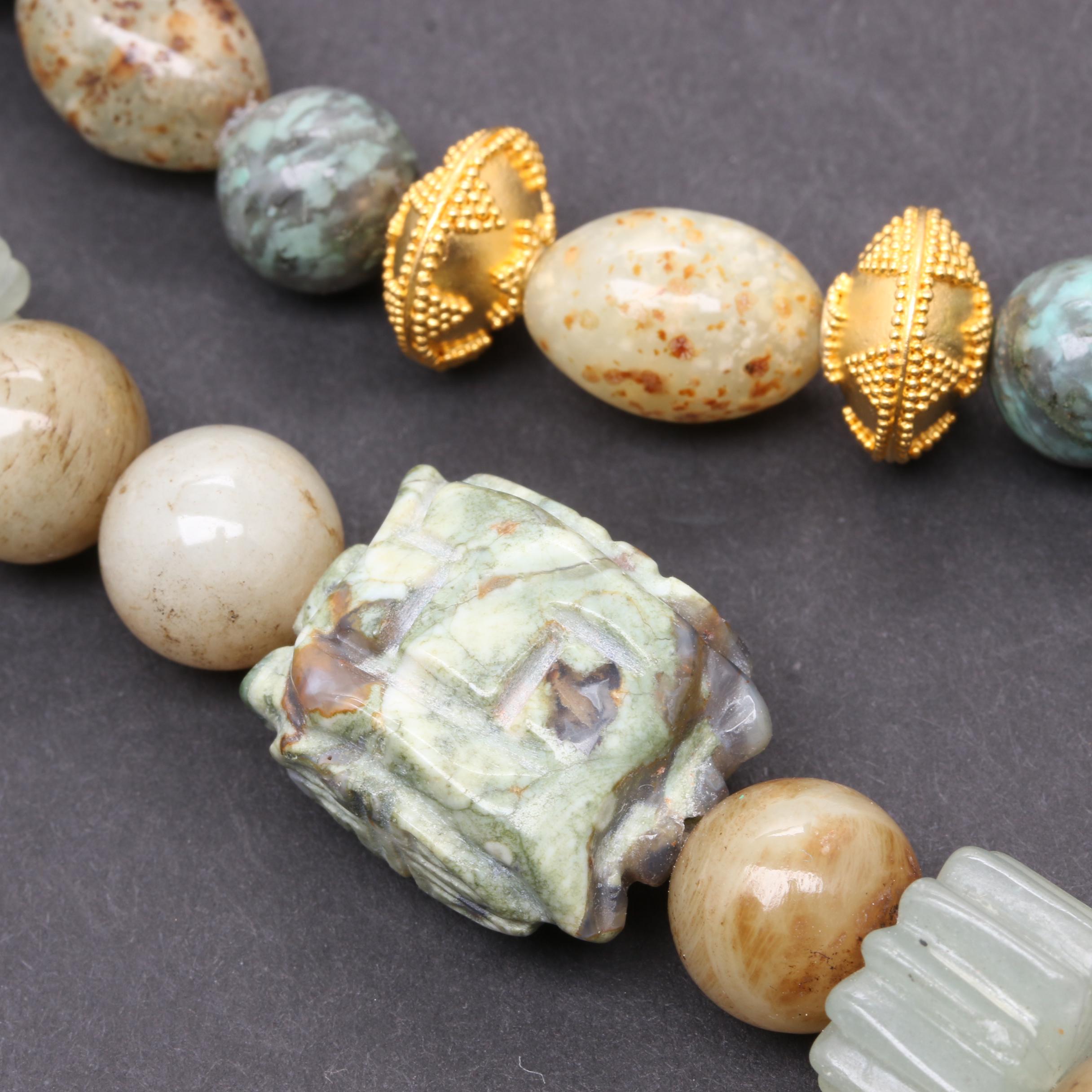 Gold Tone Necklace Selection Including Jasper, Nephrite, and Serpentine