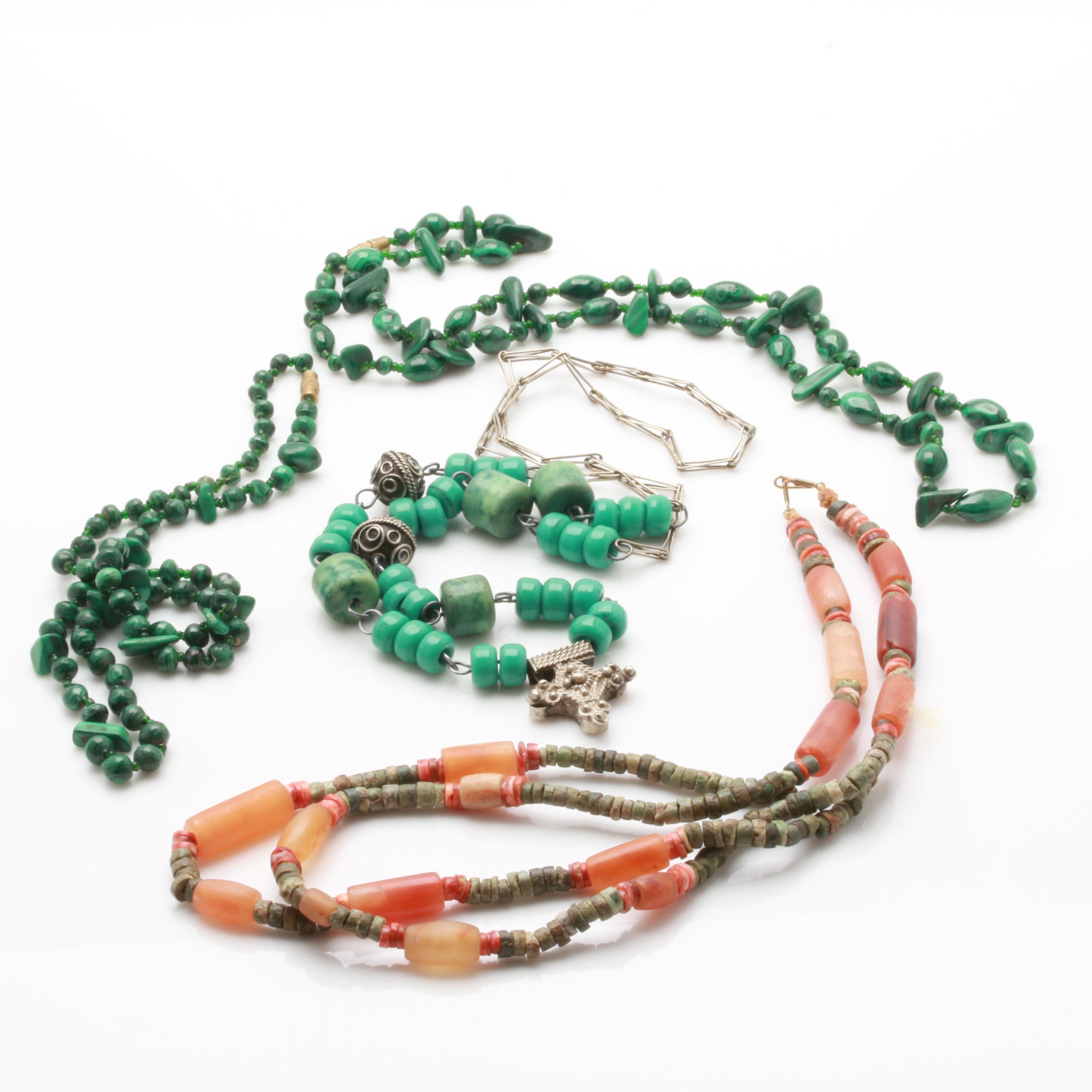 Assorted Beaded Necklaces Featuring Malachite, Spiny Oyster and River Stone