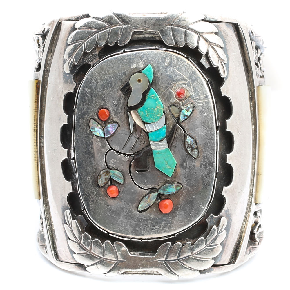 J. Quam Sterling Silver, Turquoise, Mother Of Pearl, and Coral Cuff Bracelet