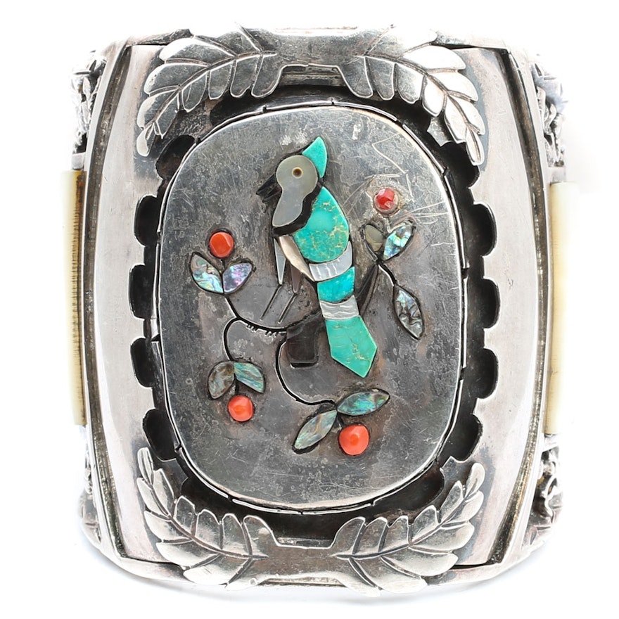 J. Quam Sterling Silver, Turquoise, Mother Of Pearl, and Coral Cuff Bracelet
