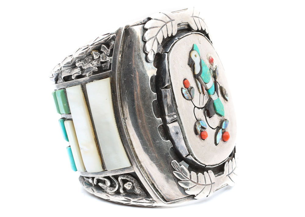 J. Quam Sterling Silver, Turquoise, Mother Of Pearl, and Coral Cuff Bracelet