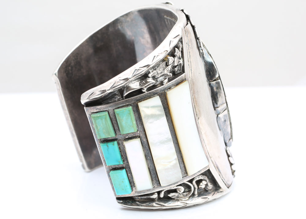 J. Quam Sterling Silver, Turquoise, Mother Of Pearl, and Coral Cuff Bracelet