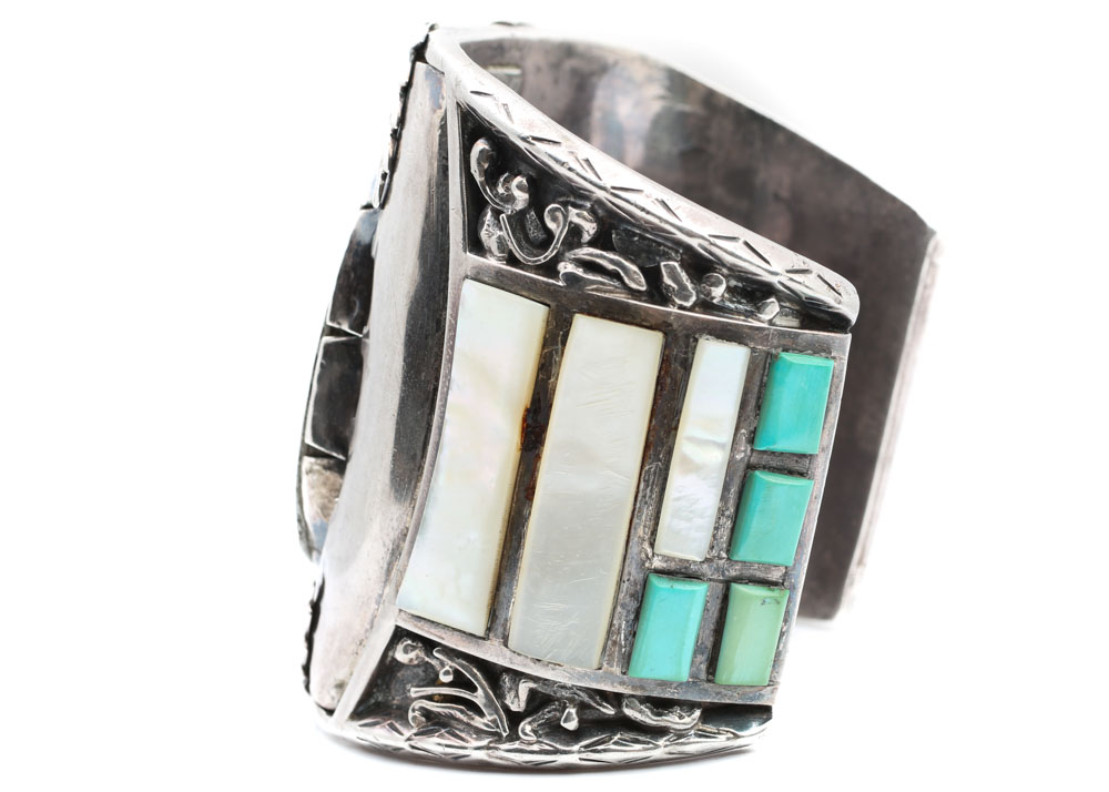 J. Quam Sterling Silver, Turquoise, Mother Of Pearl, and Coral Cuff Bracelet