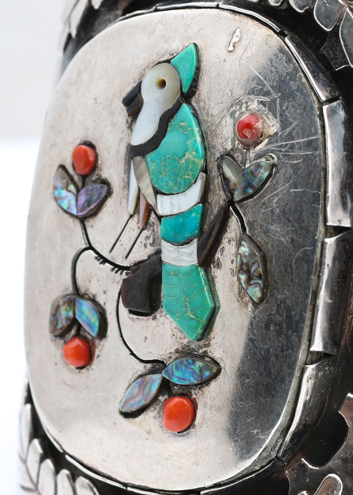 J. Quam Sterling Silver, Turquoise, Mother Of Pearl, and Coral Cuff Bracelet