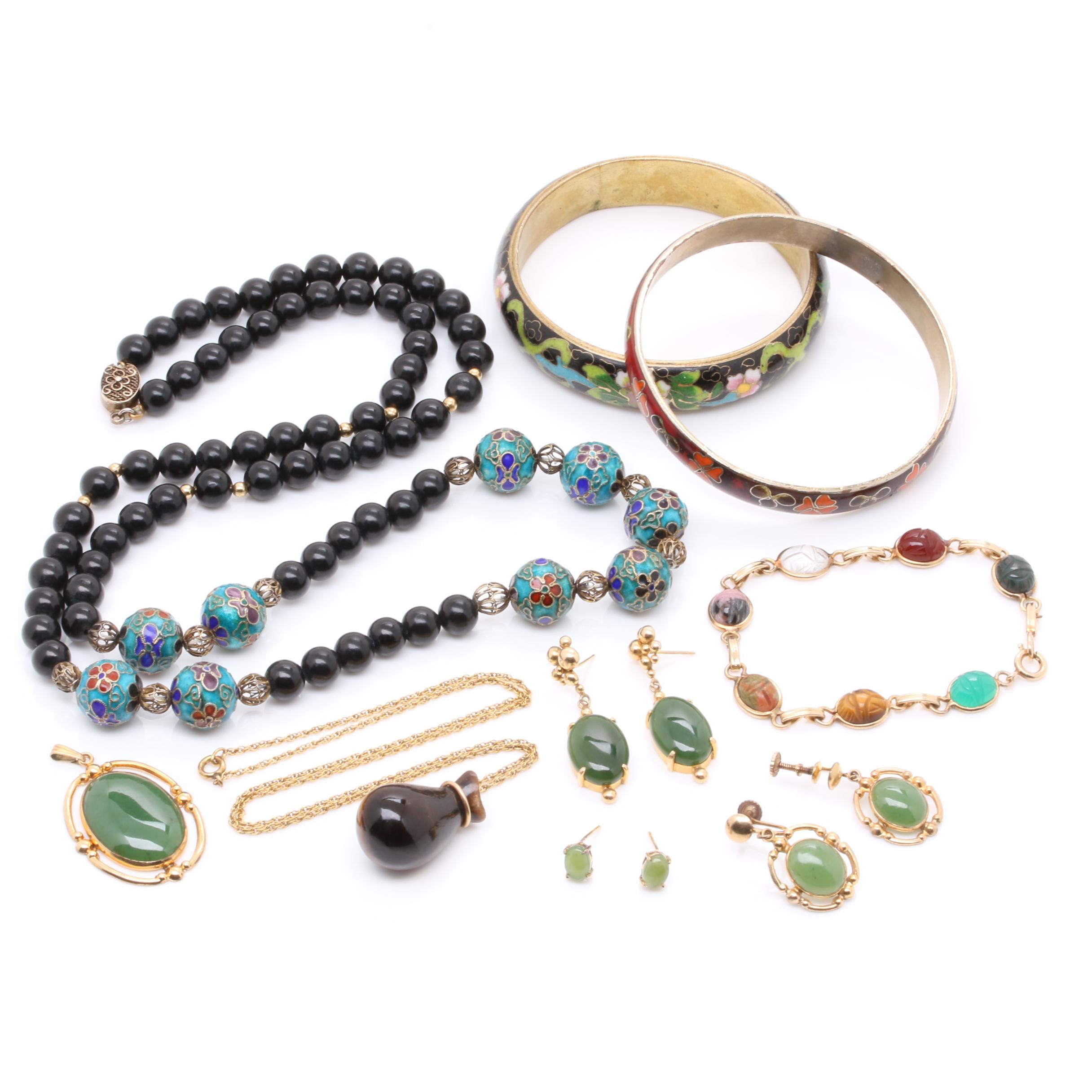 Nephrite, Tiger's Eye, and Rhodonite Jewelry Selection Including Cloissoné