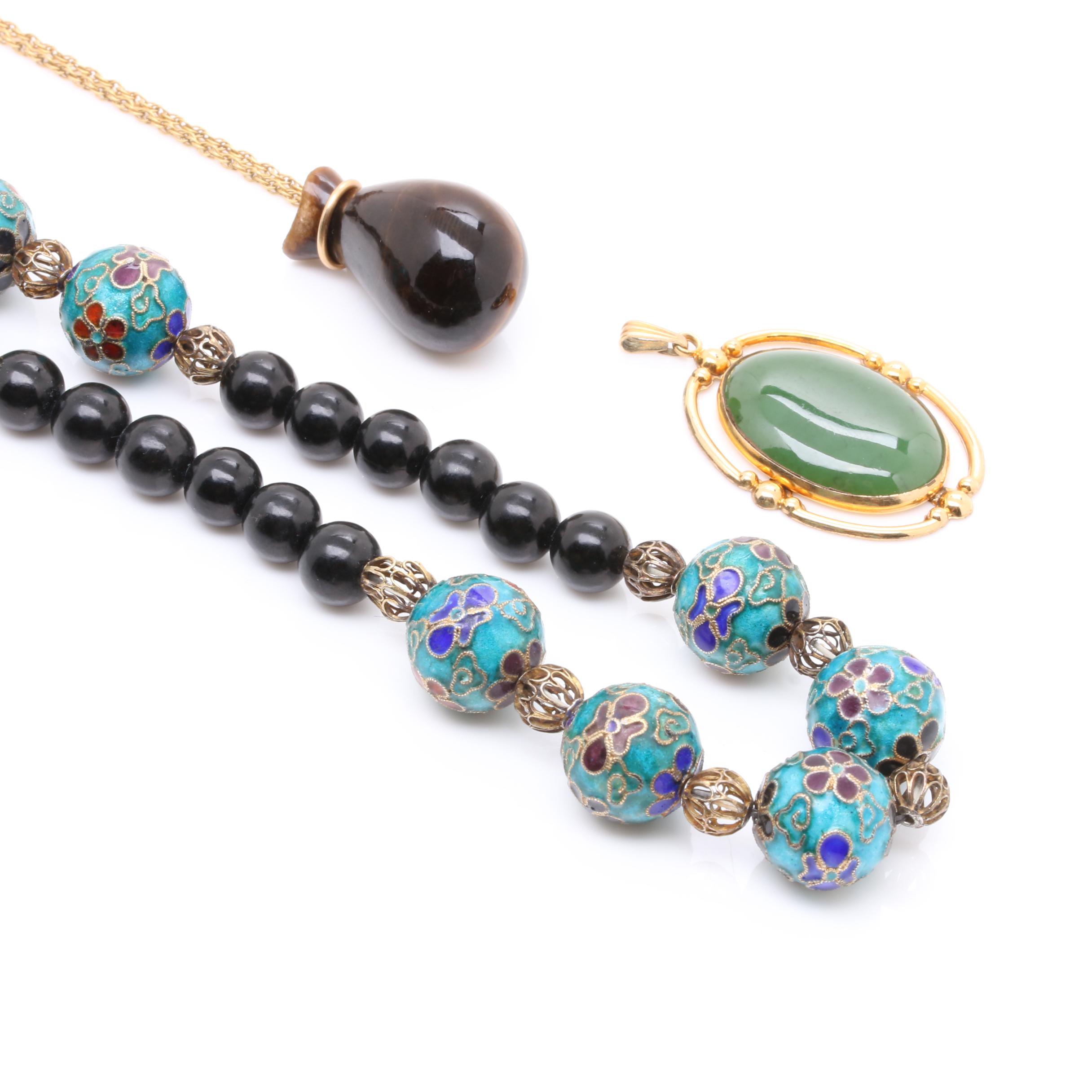 Nephrite, Tiger's Eye, and Rhodonite Jewelry Selection Including Cloissoné