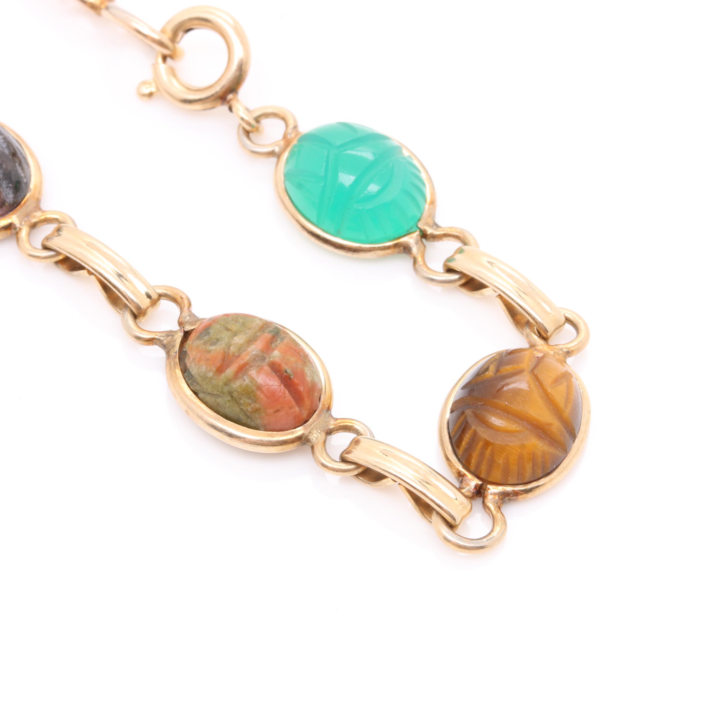 Nephrite, Tiger's Eye, and Rhodonite Jewelry Selection Including Cloissoné