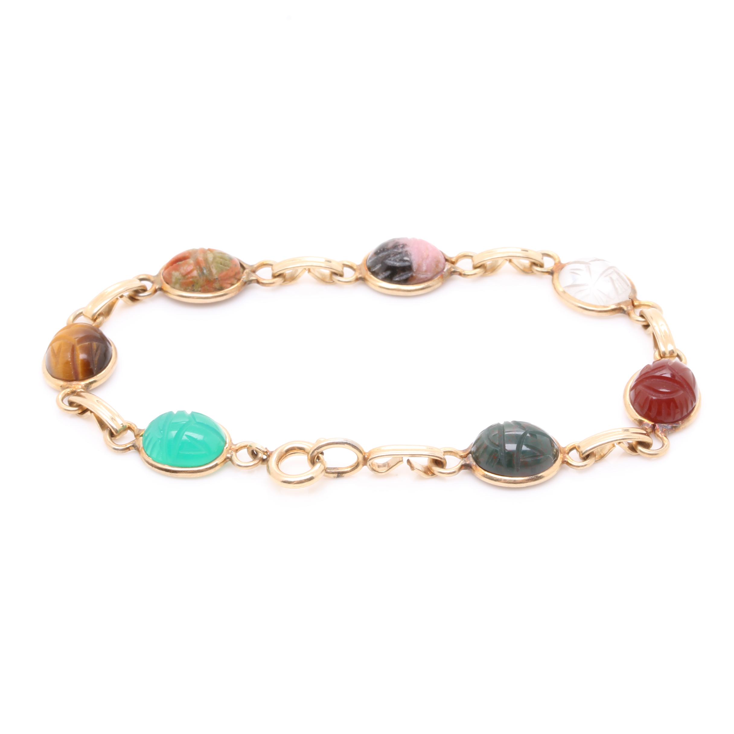 Nephrite, Tiger's Eye, and Rhodonite Jewelry Selection Including Cloissoné