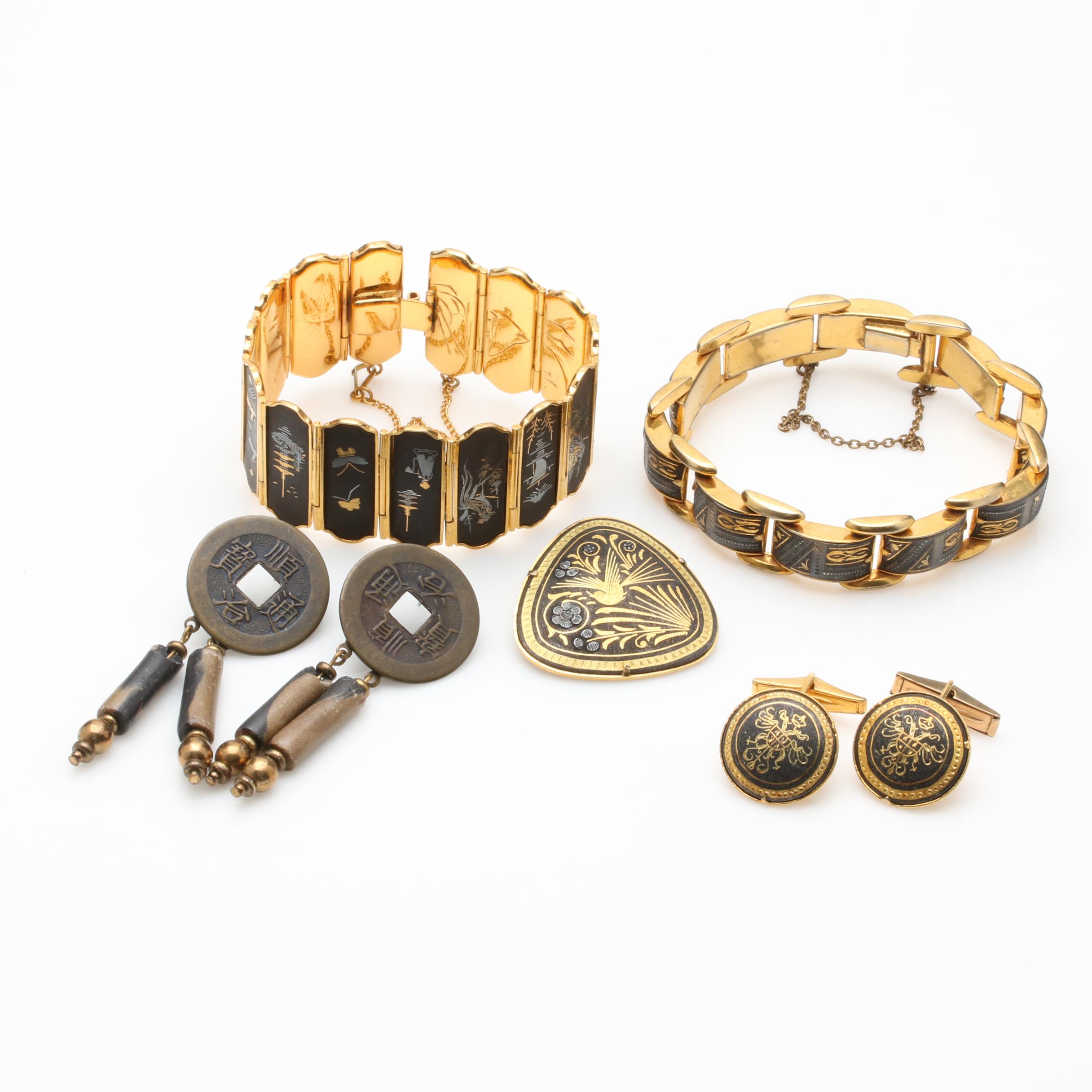 Vintage Gold Tone Jewelry Featuring Damascene Enamel