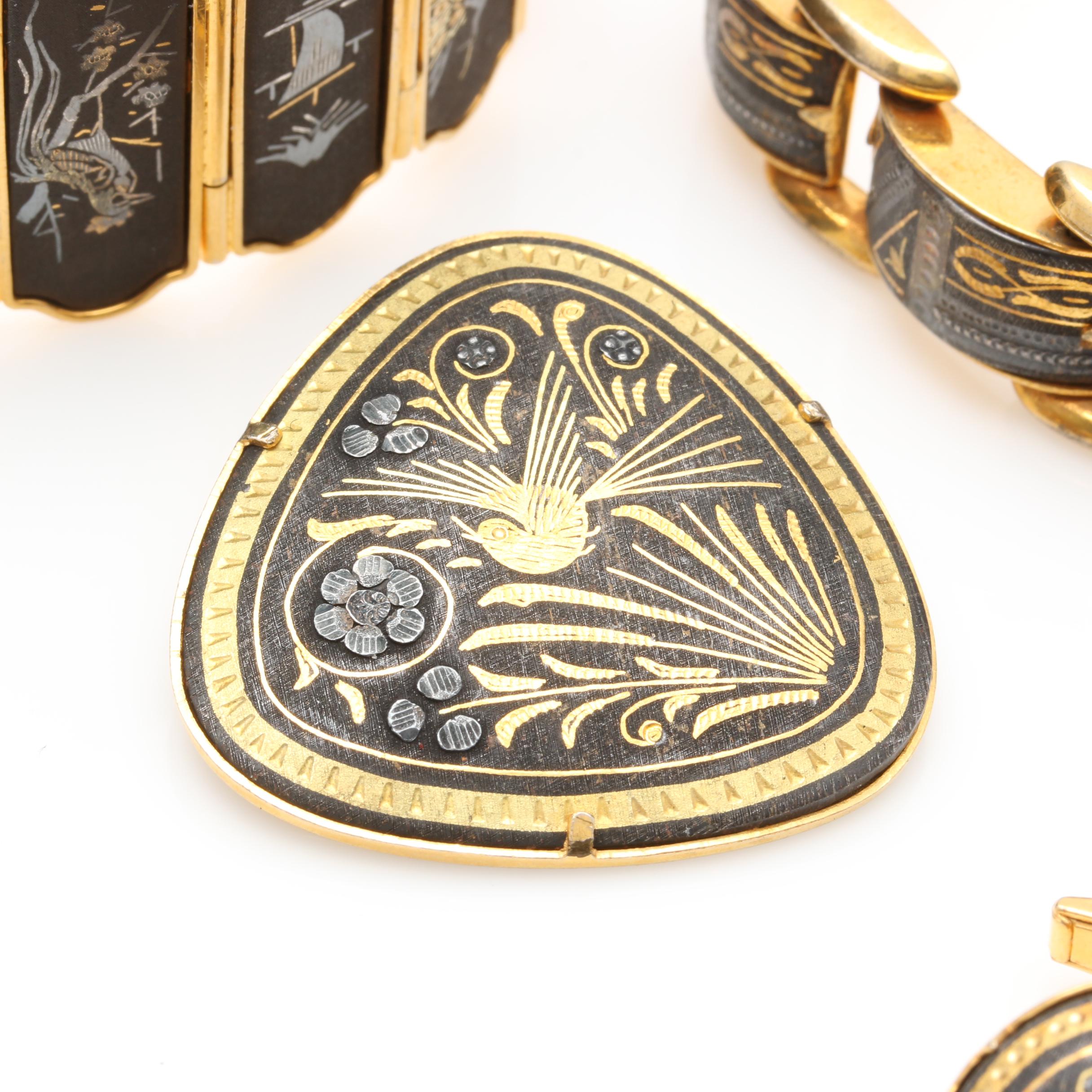 Vintage Gold Tone Jewelry Featuring Damascene Enamel