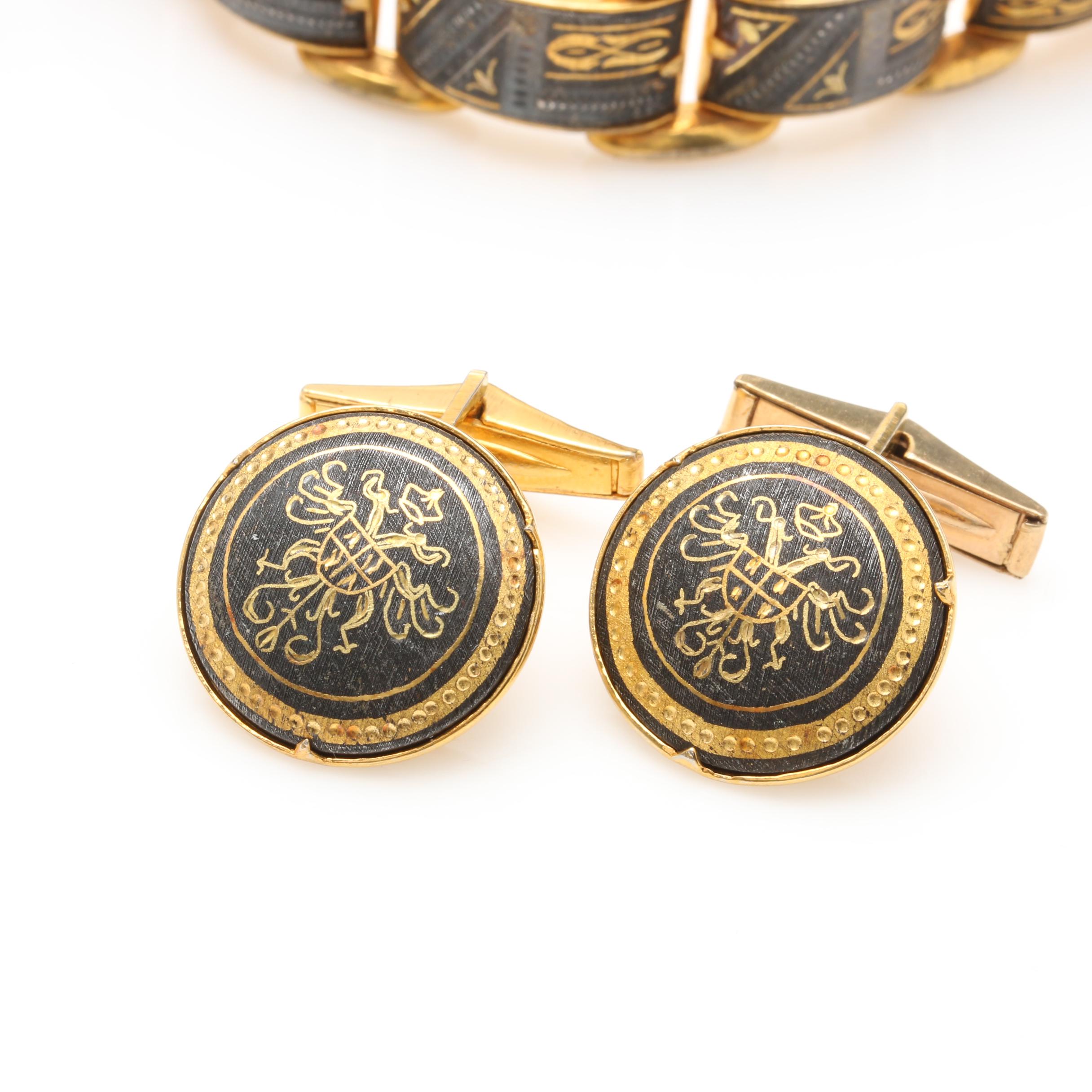 Vintage Gold Tone Jewelry Featuring Damascene Enamel