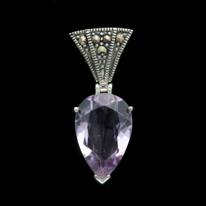 Sterling Silver, Amethyst and Marcasite Pendant with Chain