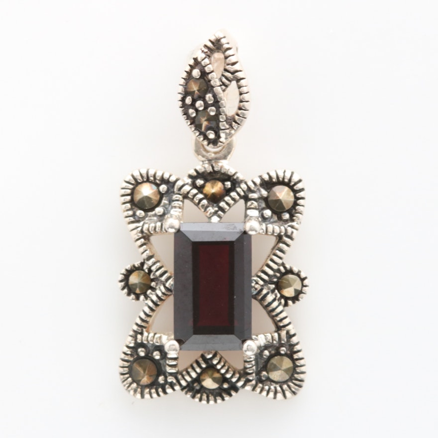 Sterling Silver, Garnet and Marcasite Pendant