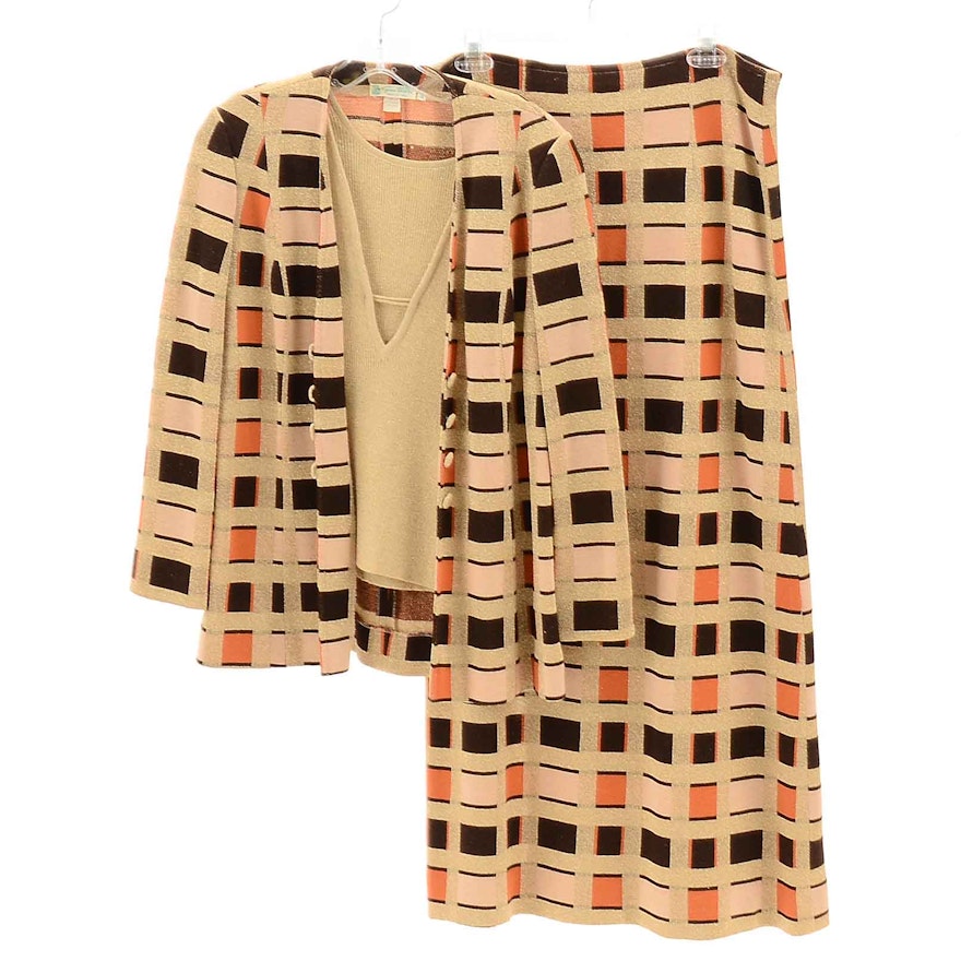 Vintage Geometric Print Three Piece Skirt Suit