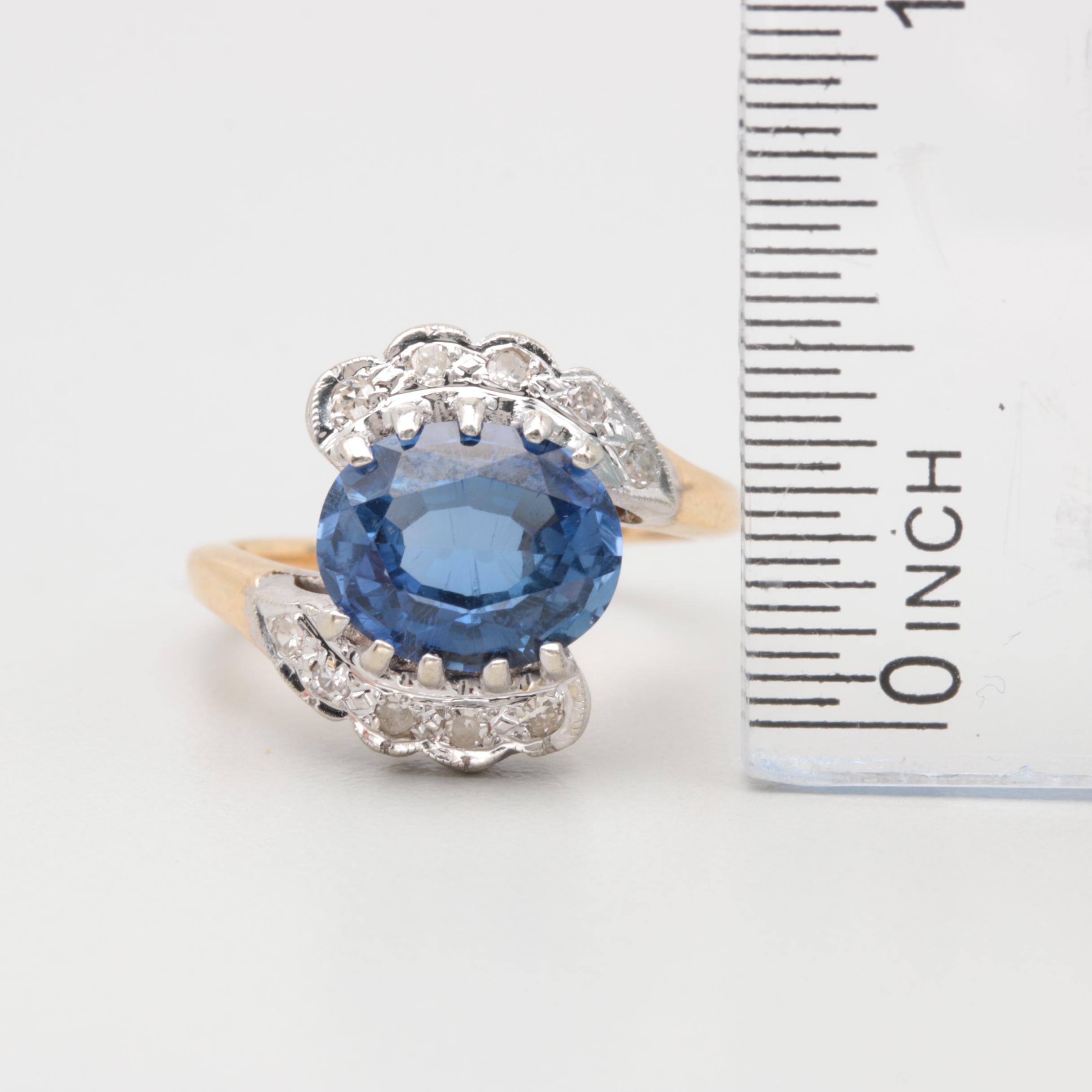 14K Yellow Gold Synthetic Sapphire and Diamond Ring