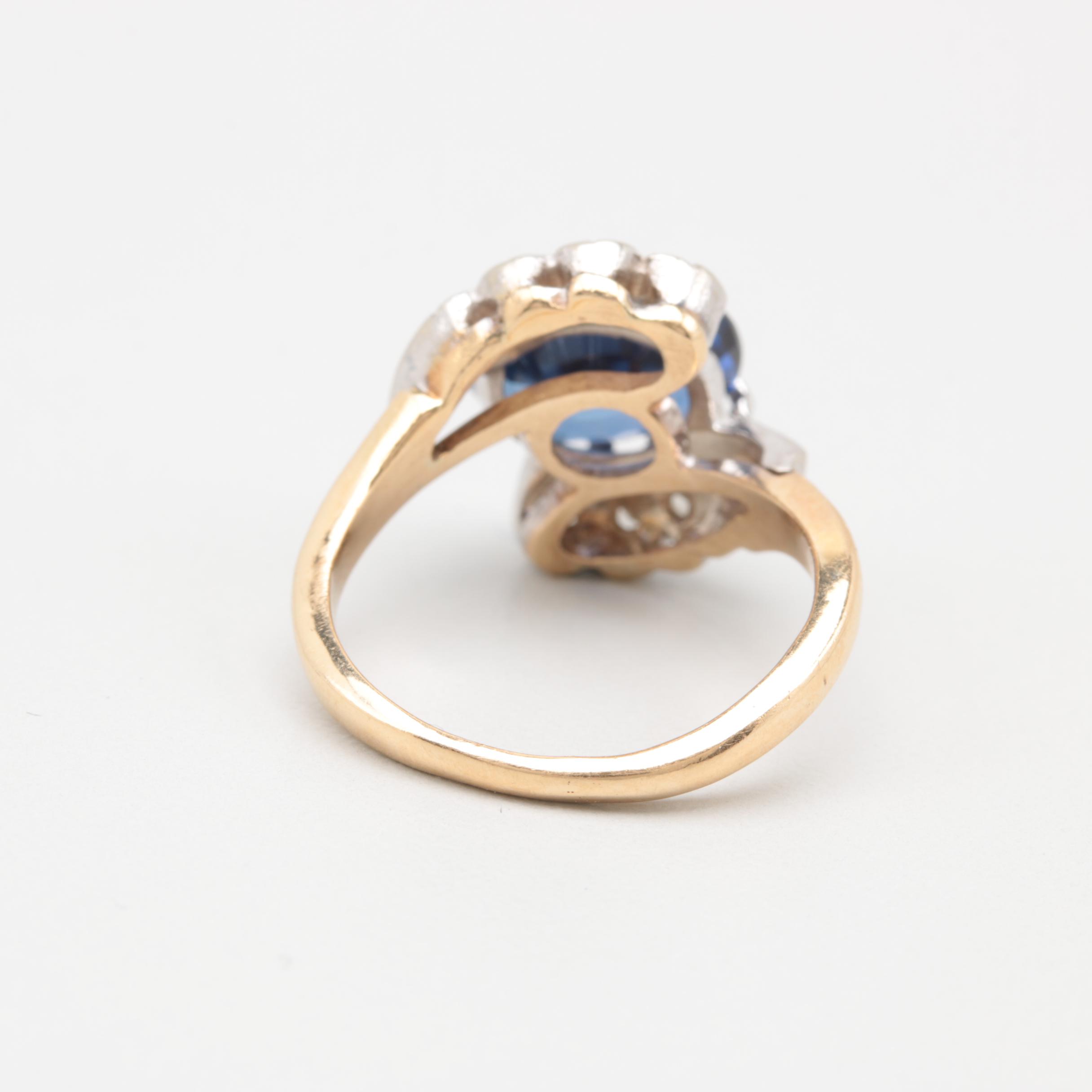 14K Yellow Gold Synthetic Sapphire and Diamond Ring