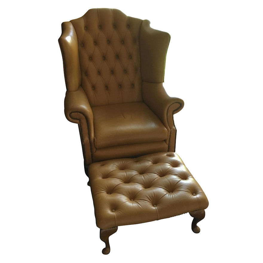 Butterscotch Leather Wingback Chair and Ottoman