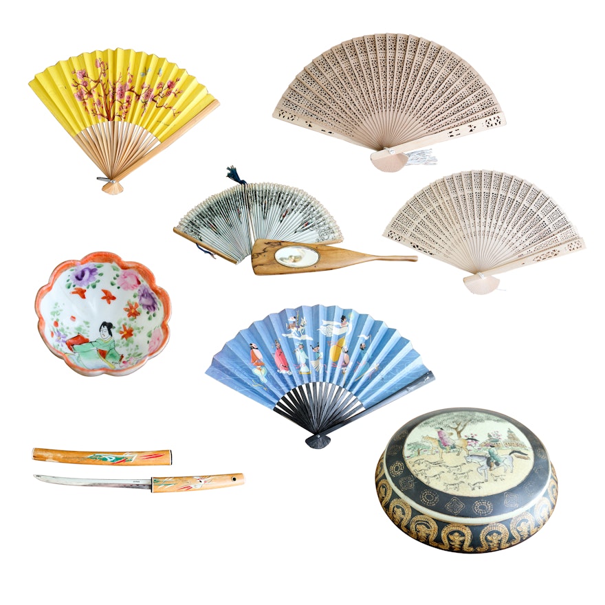 Chinese Hand-Painted Porcelain Bowls and Vintage Hand Fans
