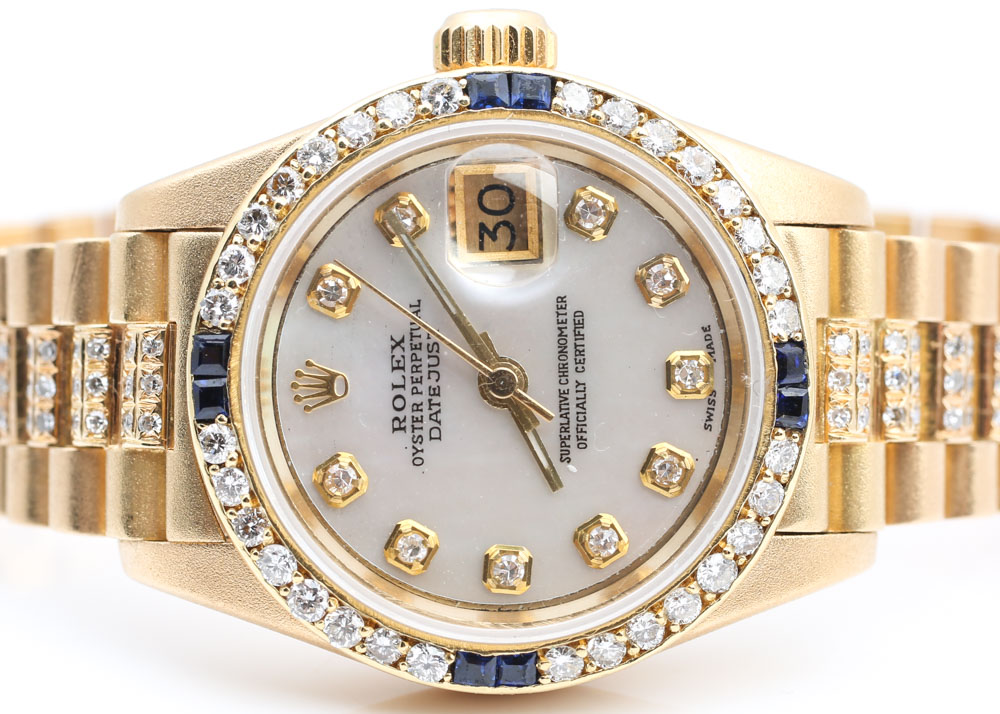 Rolex Oyster Perpetual Datejust 18K Gold 1.80 CTW Diamond & Sapphire Watch