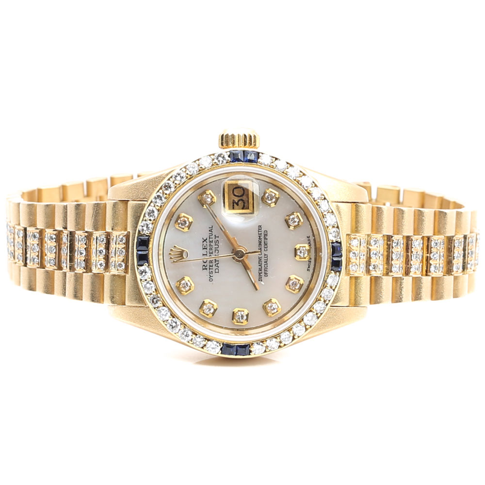 Rolex Oyster Perpetual Datejust 18K Gold 1.80 CTW Diamond & Sapphire Watch