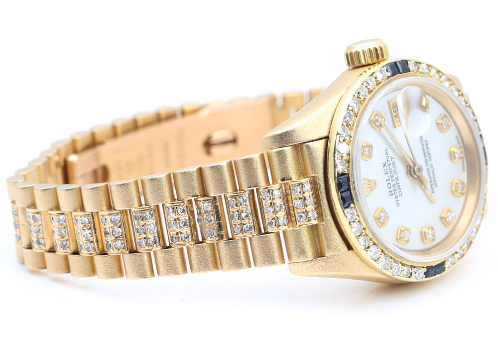 Rolex Oyster Perpetual Datejust 18K Gold 1.80 CTW Diamond & Sapphire Watch