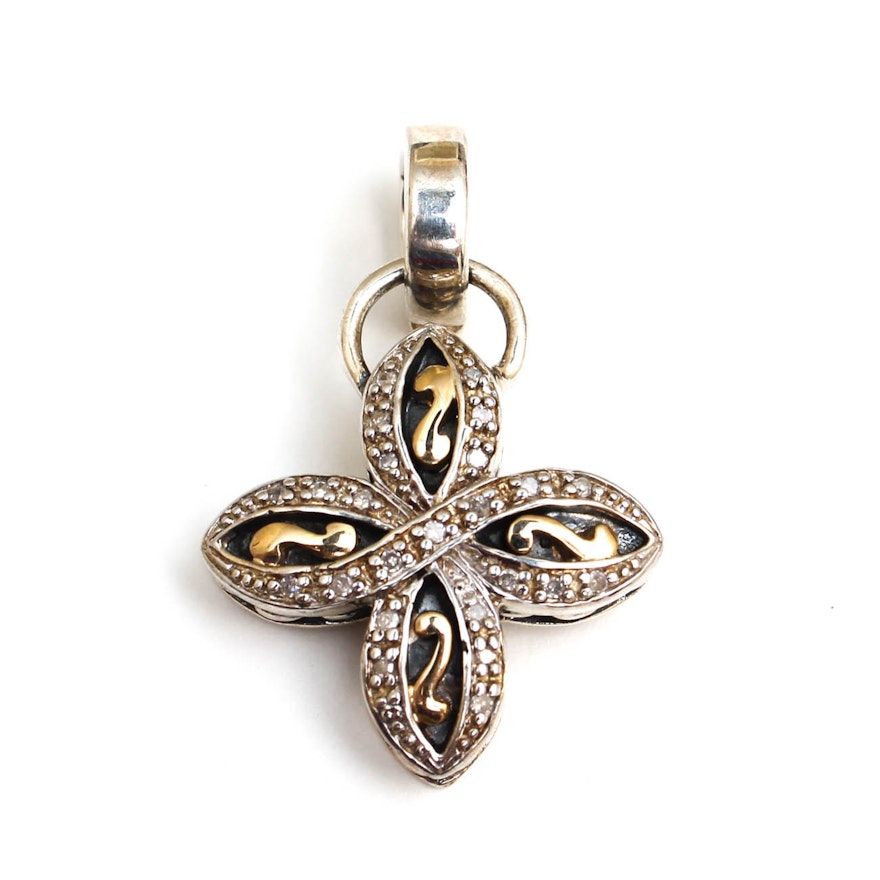 Sterling Silver and 14K Yellow Gold Diamond Clover Pendant