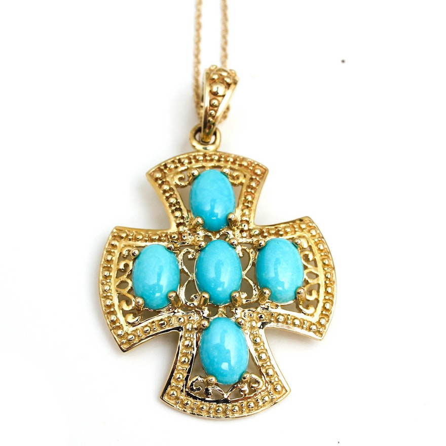 14K Yellow Gold and Turquoise Cross Pendant Necklace