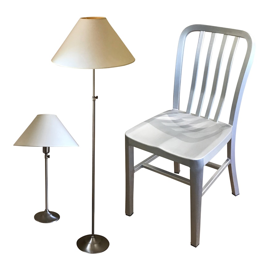 Crate & Barrel Chair and Brushed Silver Tone Pottery Barn Lamps