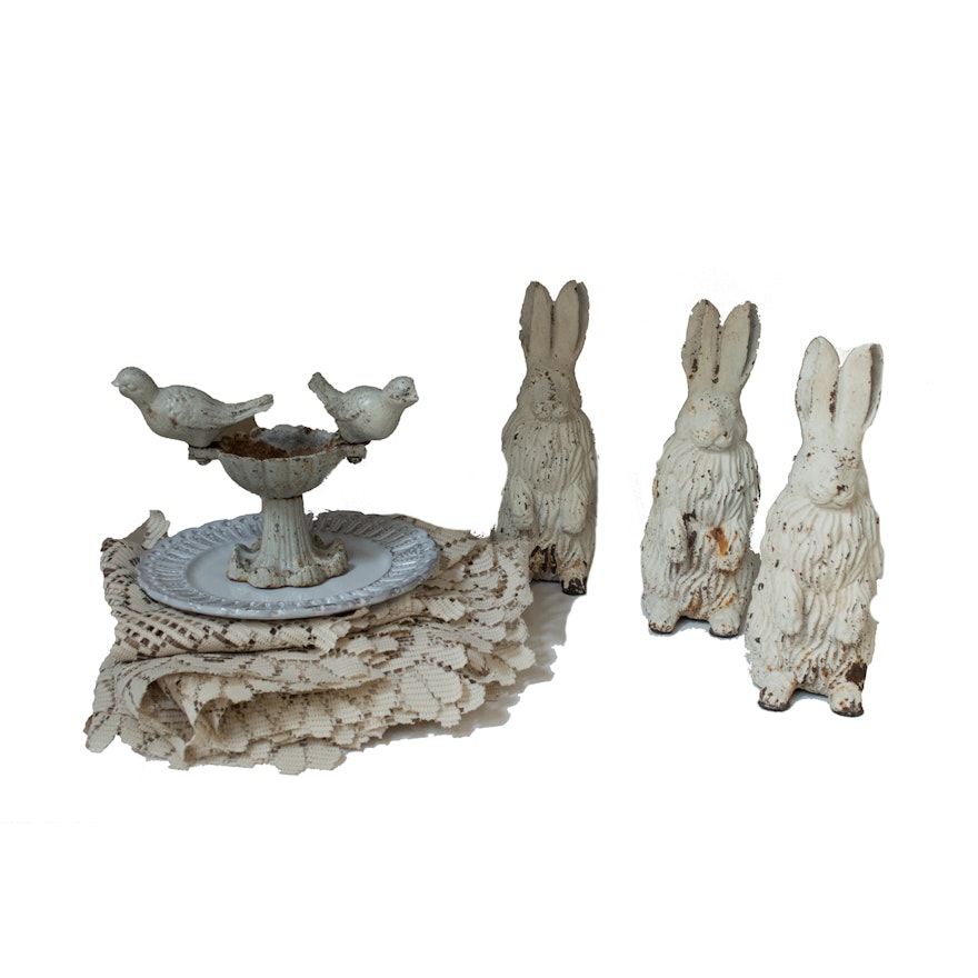 Cast Metal Rabbits, Bird Bath Table Decor, Plate, Prints and Linen Collectibles