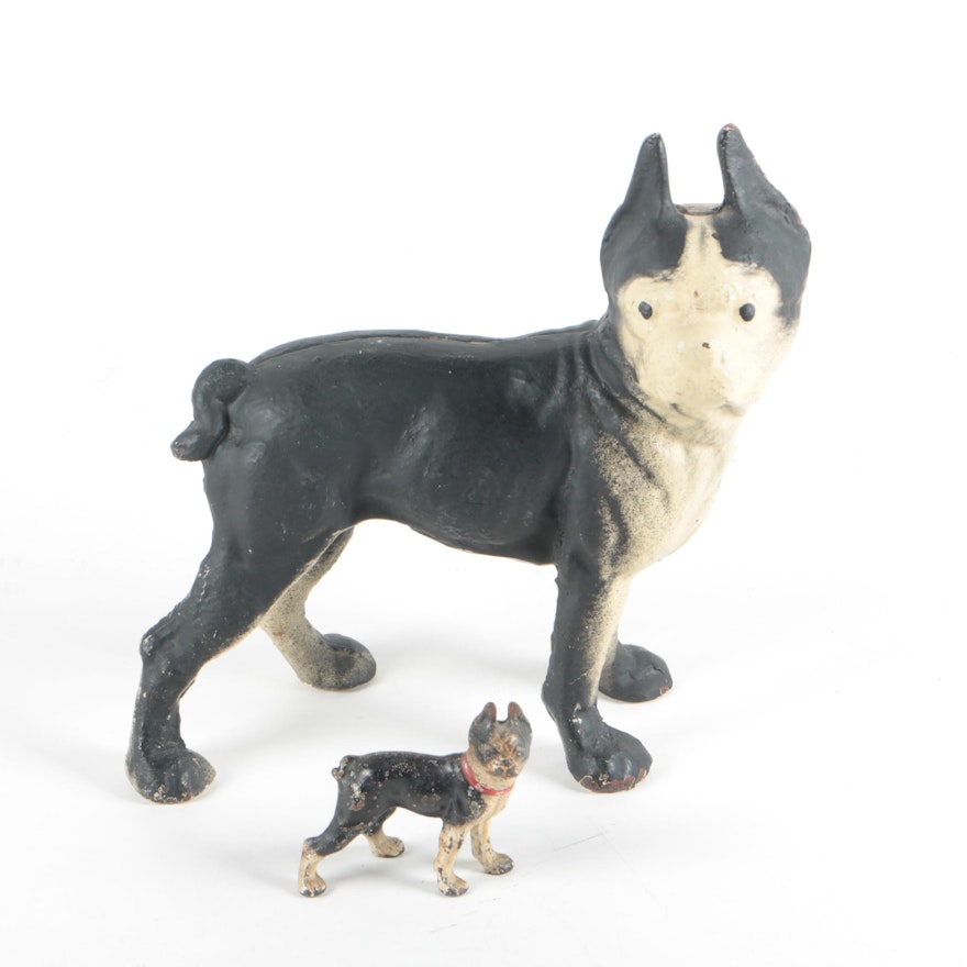 Vintage Cast Iron Boston Terrier Doorstop Dog Figurines in the Style of Hubley