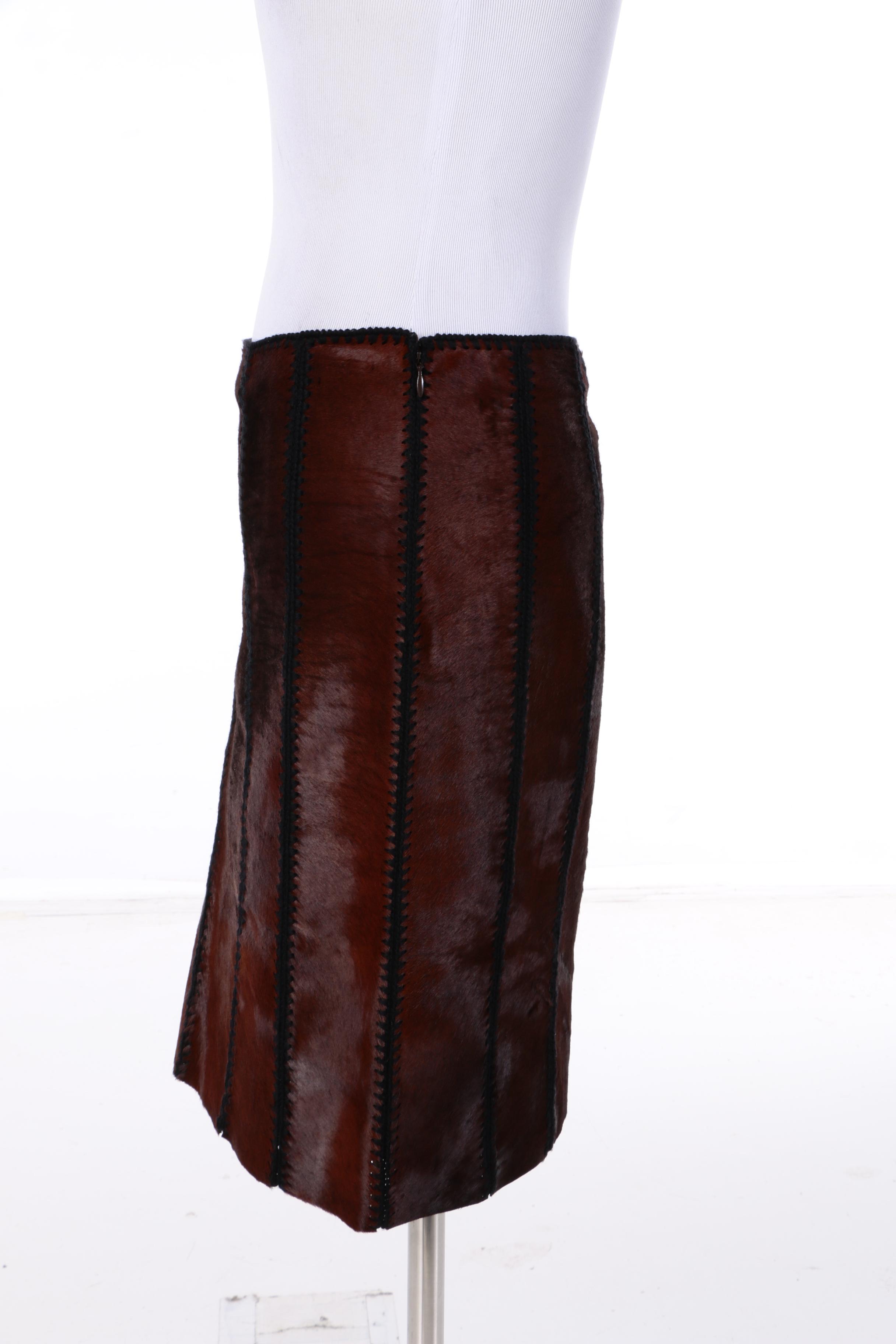 Prada Calf Hair Black Leather and Knit Panel Skirt