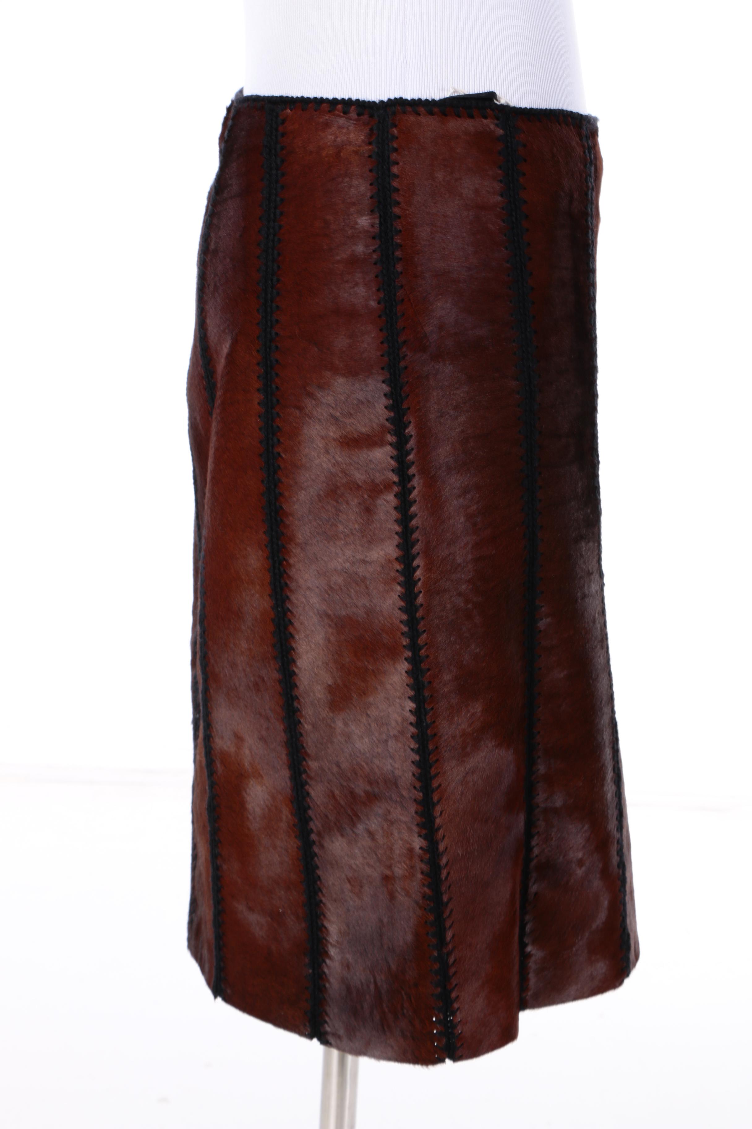 Prada Calf Hair Black Leather and Knit Panel Skirt