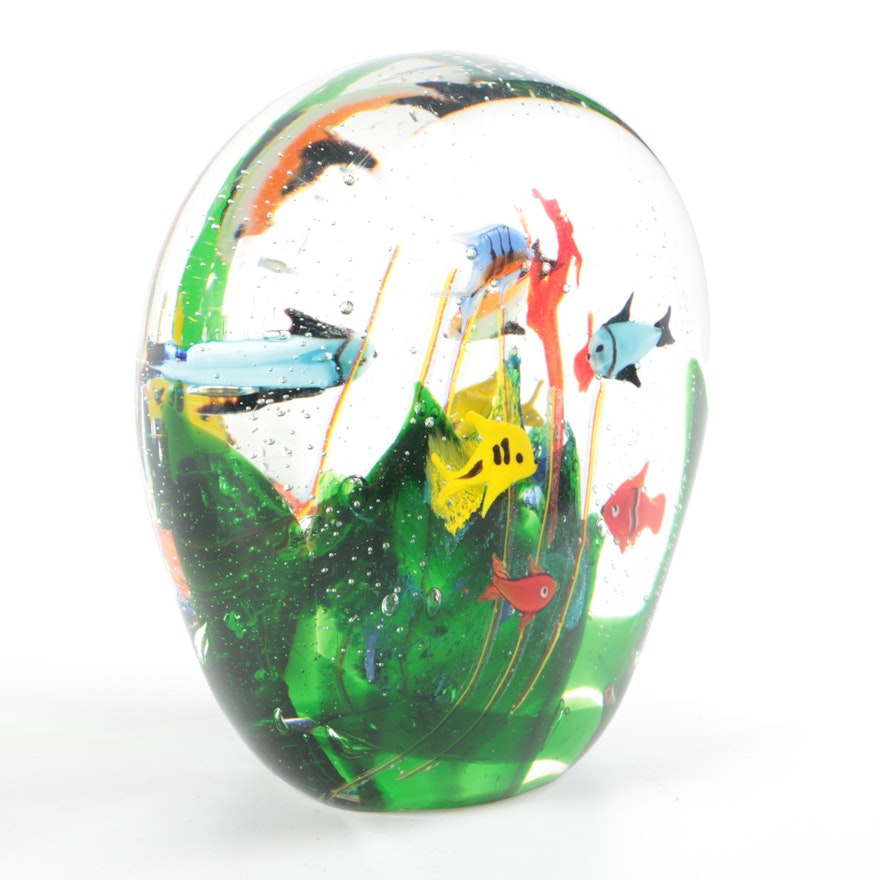 Fish Motif Art Glass Globe Paperweight