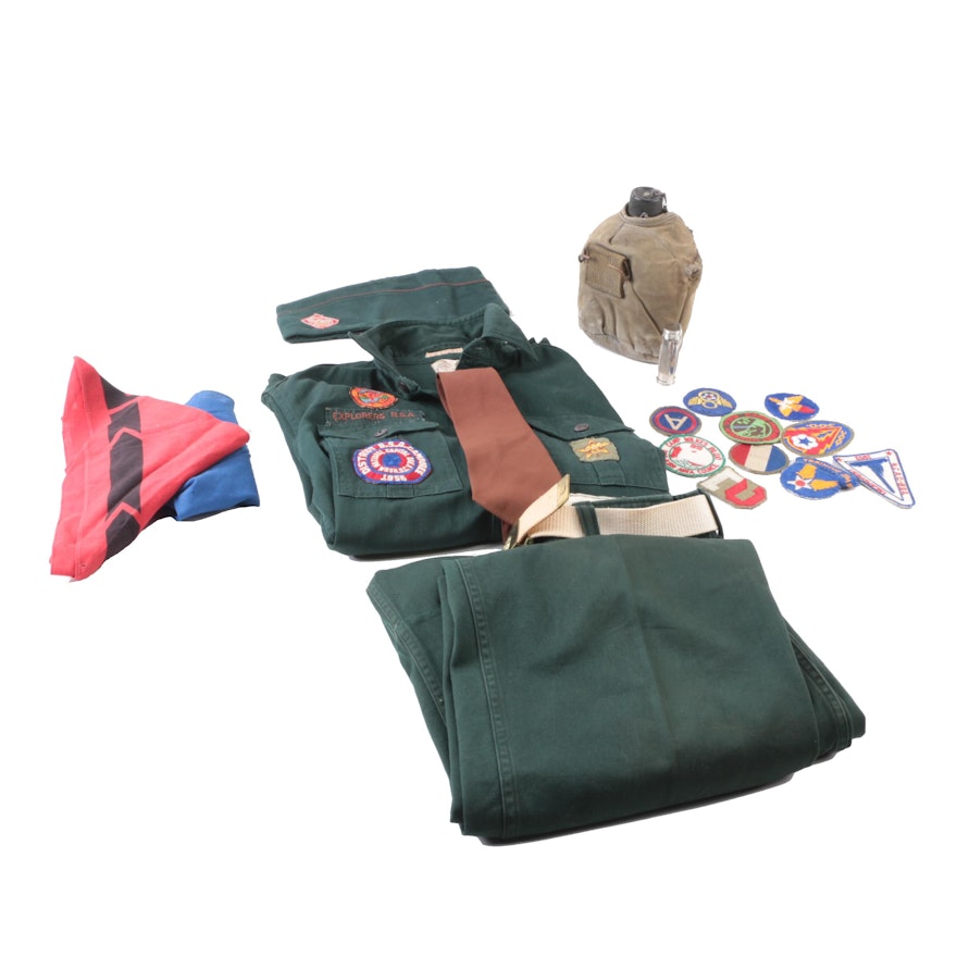 Vintage Boy Scout Uniform Including Patches and Water Canteen