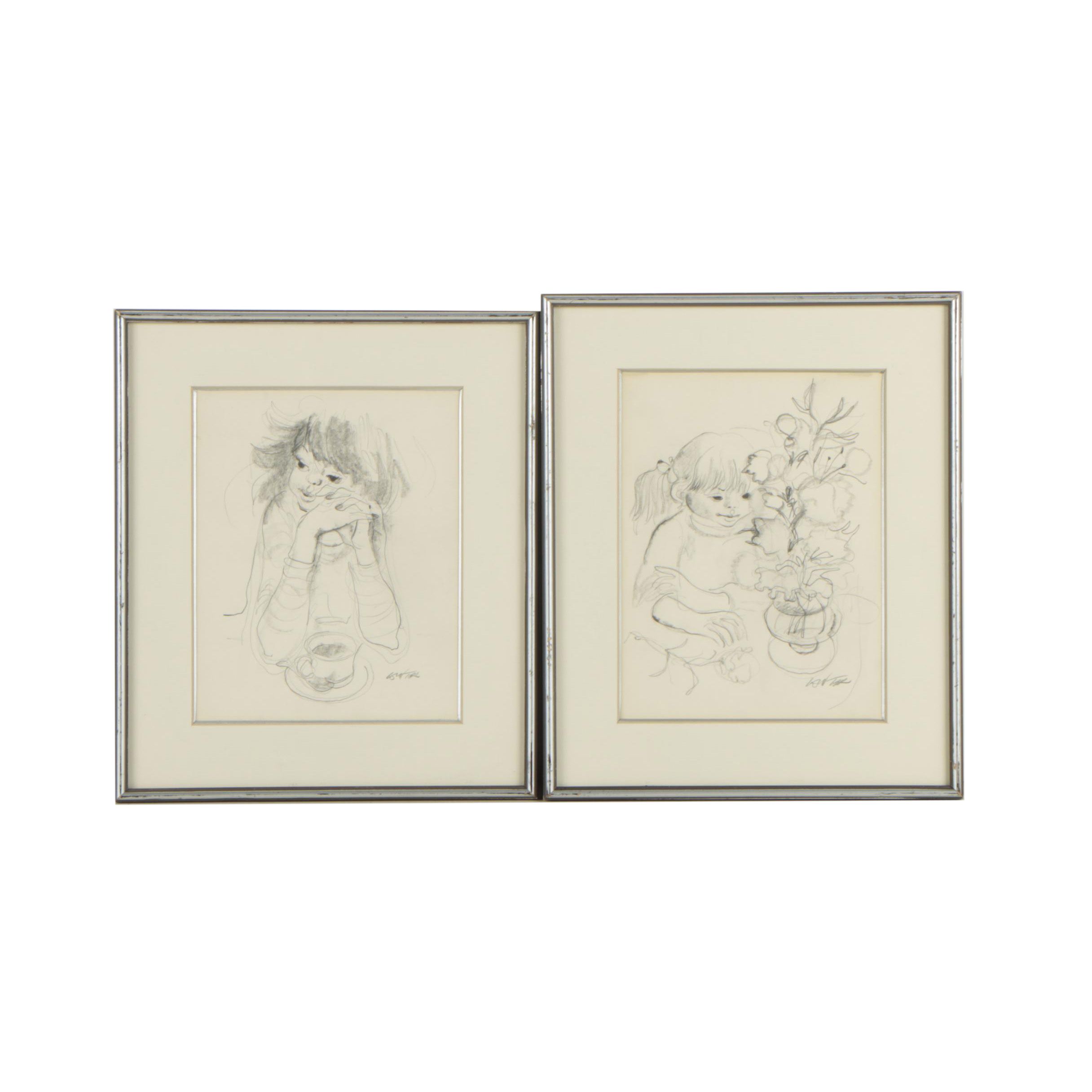 William Winter Graphite Drawings "Girl with Vase of Flowers" and "Coffee Break"