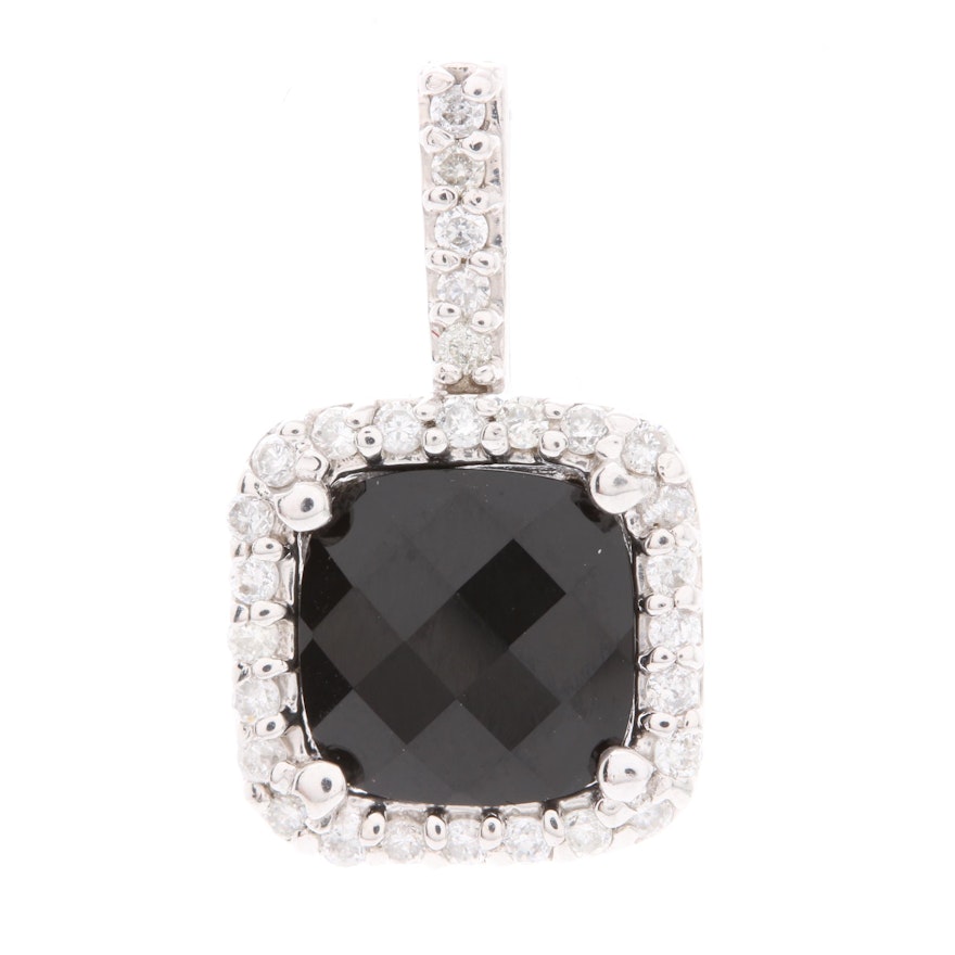 14K White Gold Black Onyx and Diamond Pendant