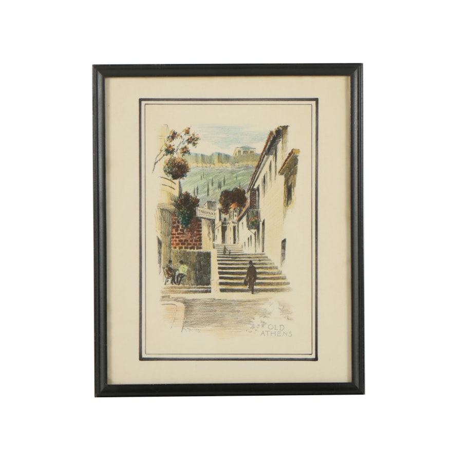 After F. Parilla Vintage Hand-Colored Halftone Print "Old Athens"