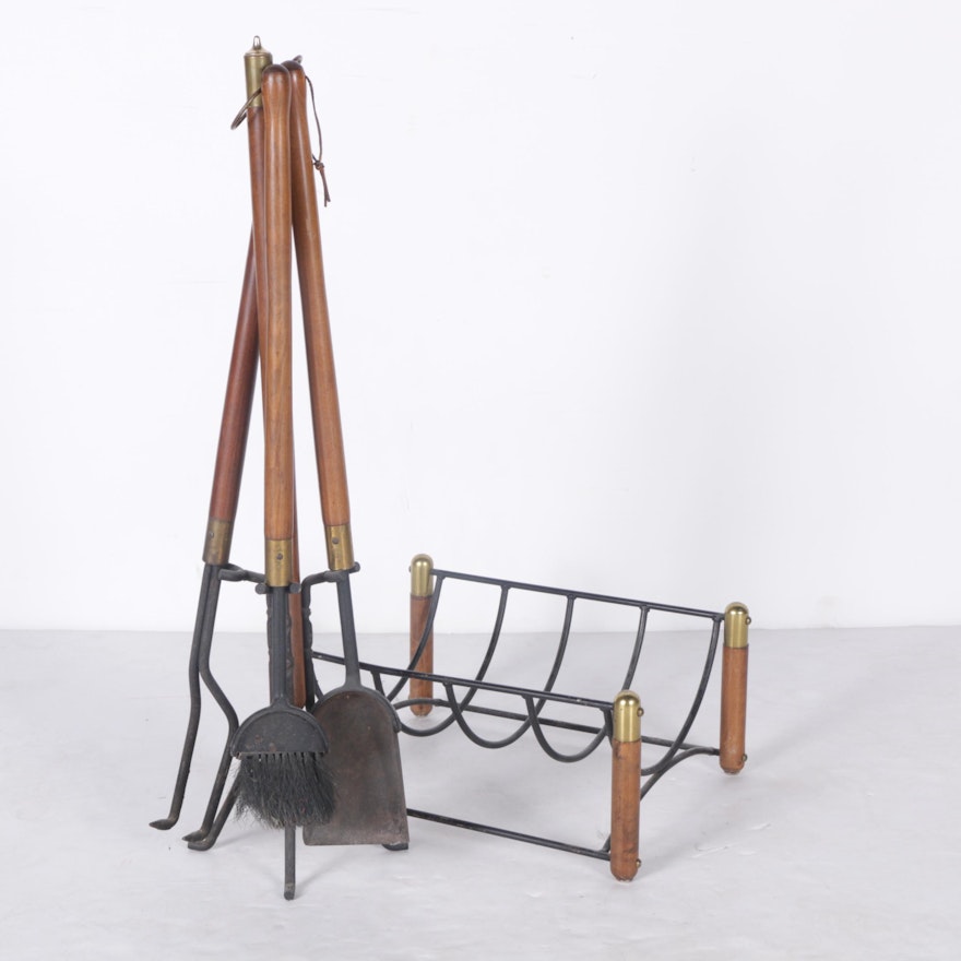 Wood and Brass Handled Fireplace Tools with Matching Rack