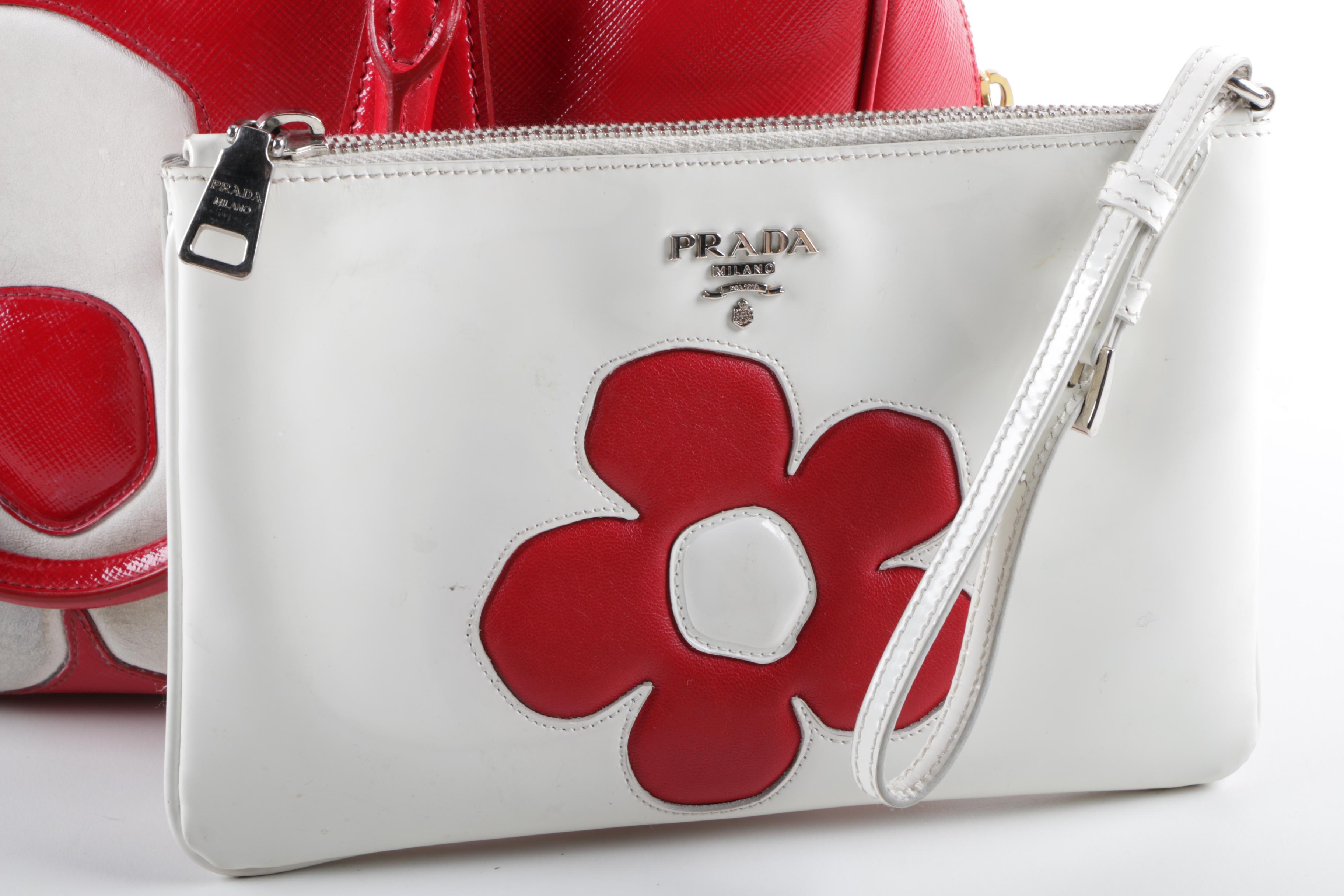 Prada Red Vernice Flower Saffiano Leather Handbag and Patent Leather Wrislet