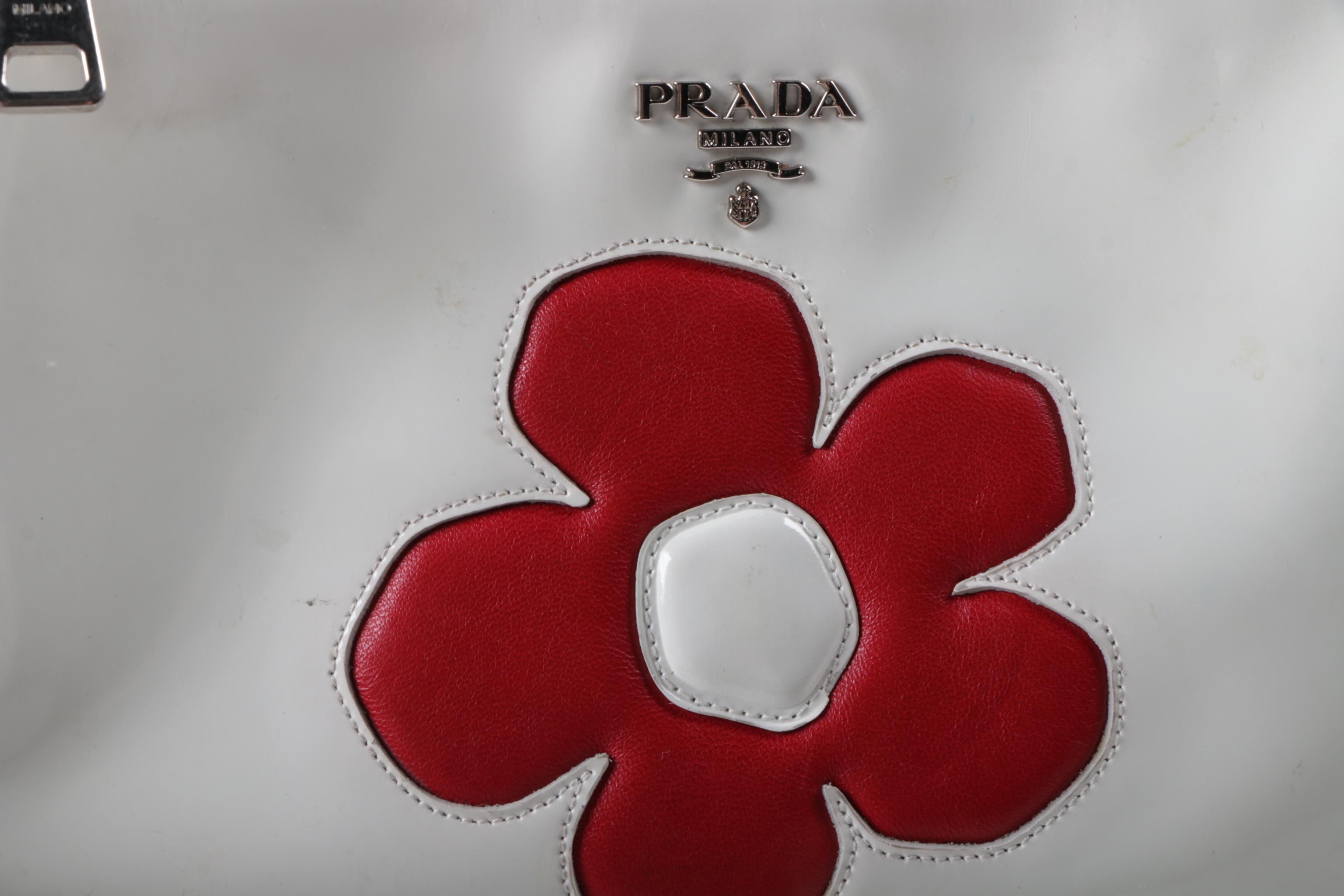 Prada Red Vernice Flower Saffiano Leather Handbag and Patent Leather Wrislet